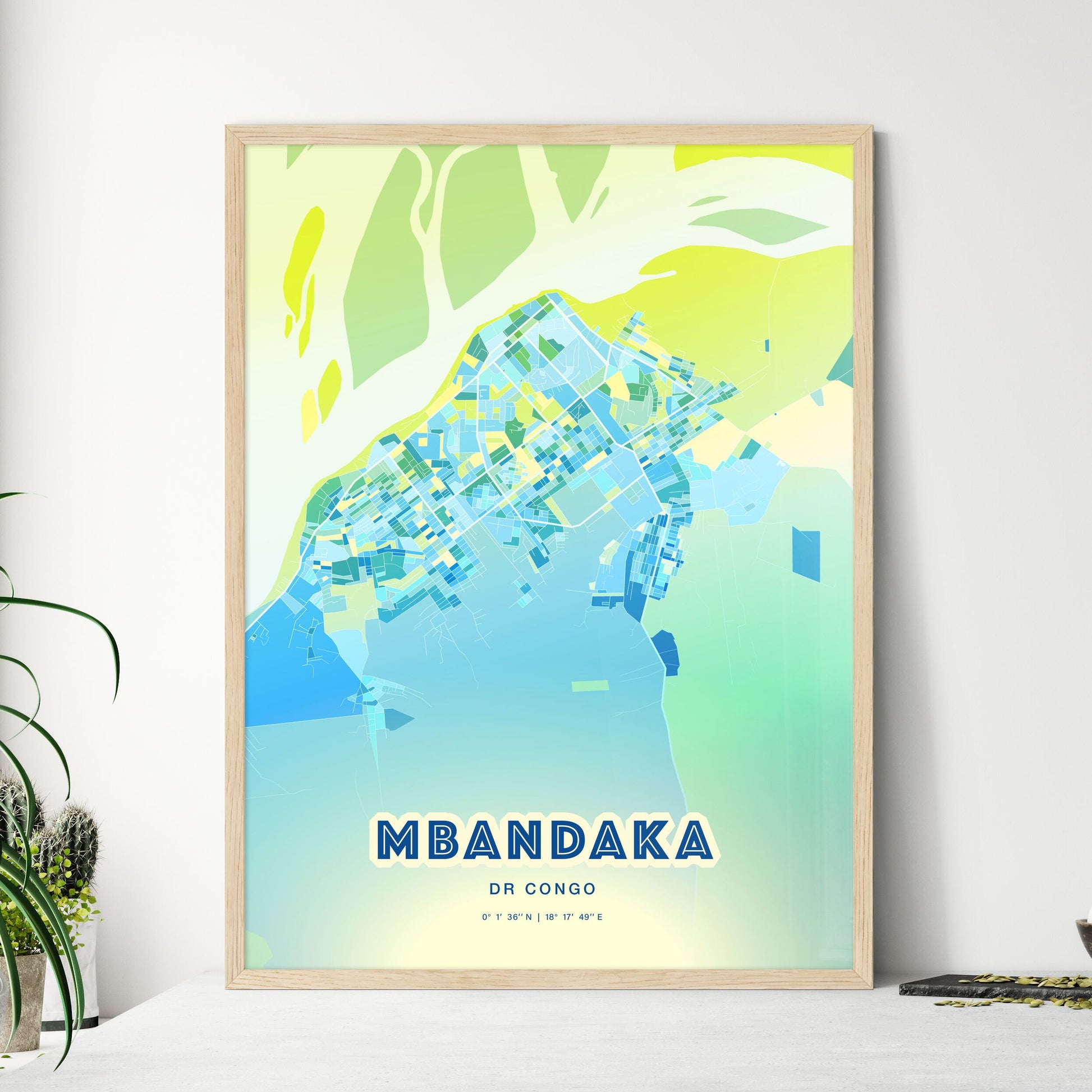 Colorful MBANDAKA DR CONGO Fine Art Map Cool Blue