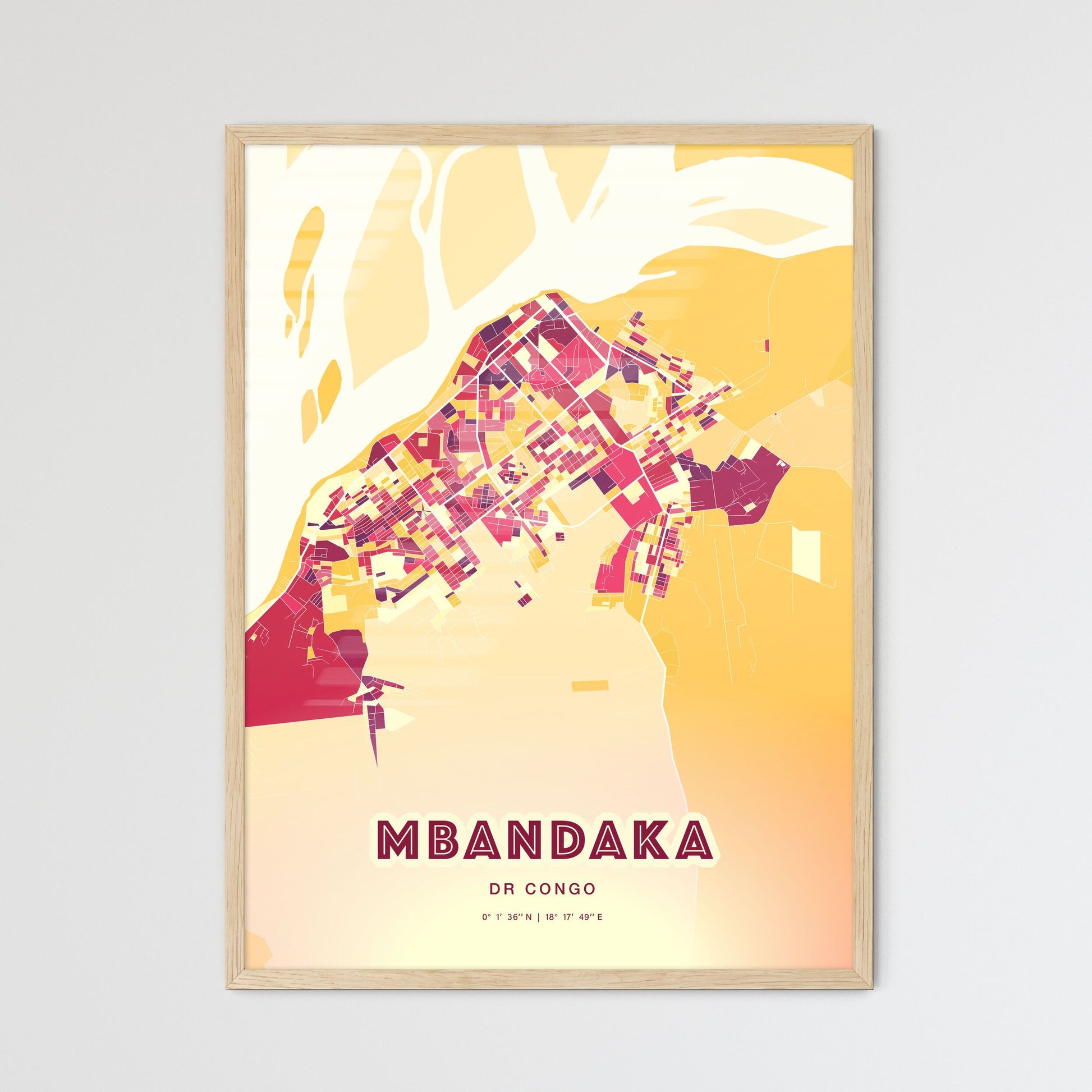 Colorful MBANDAKA DR CONGO Fine Art Map Hot Red