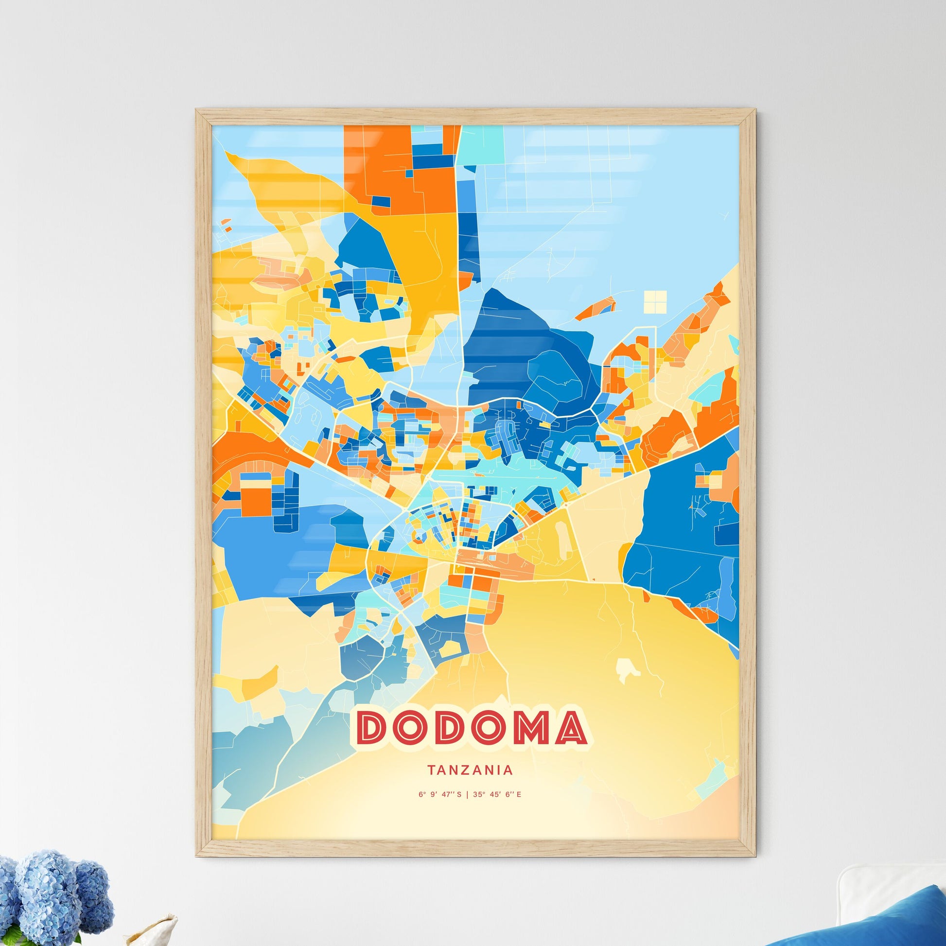 Colorful DODOMA TANZANIA Fine Art Map Blue Orange