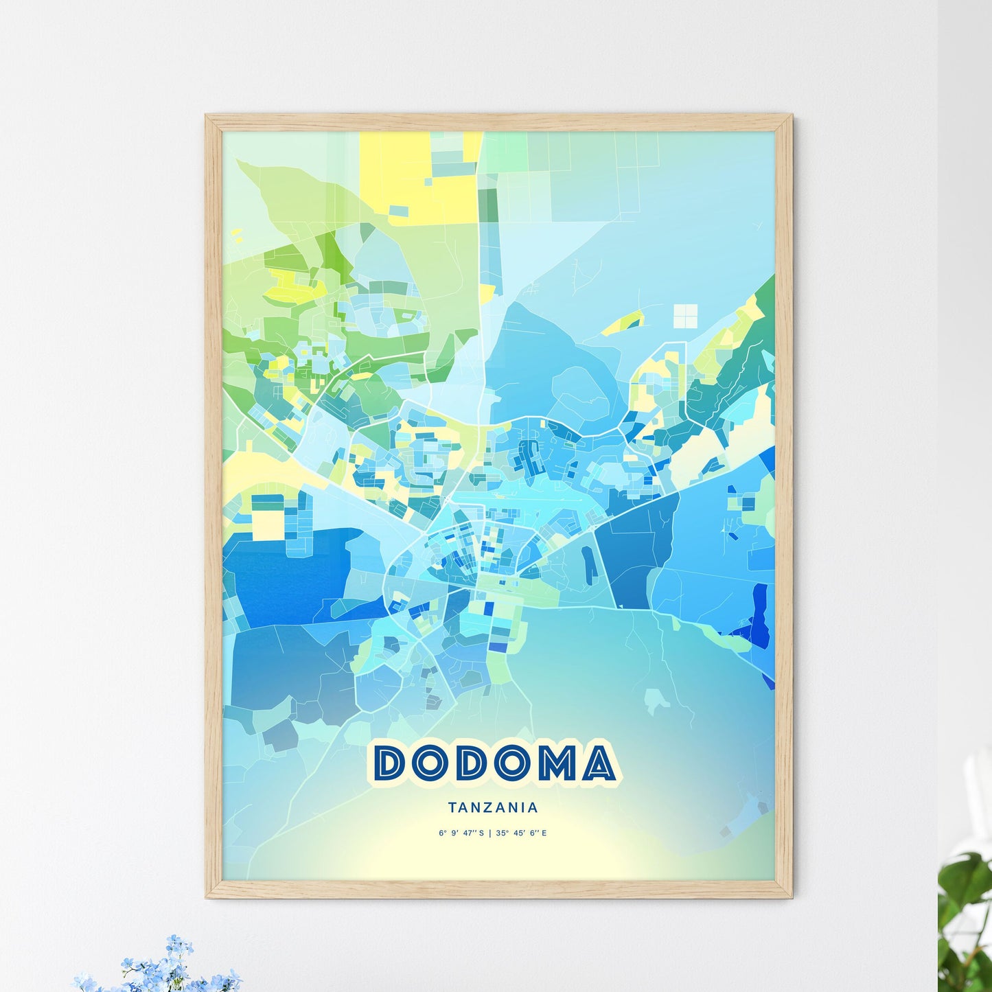 Colorful DODOMA TANZANIA Fine Art Map Cool Blue