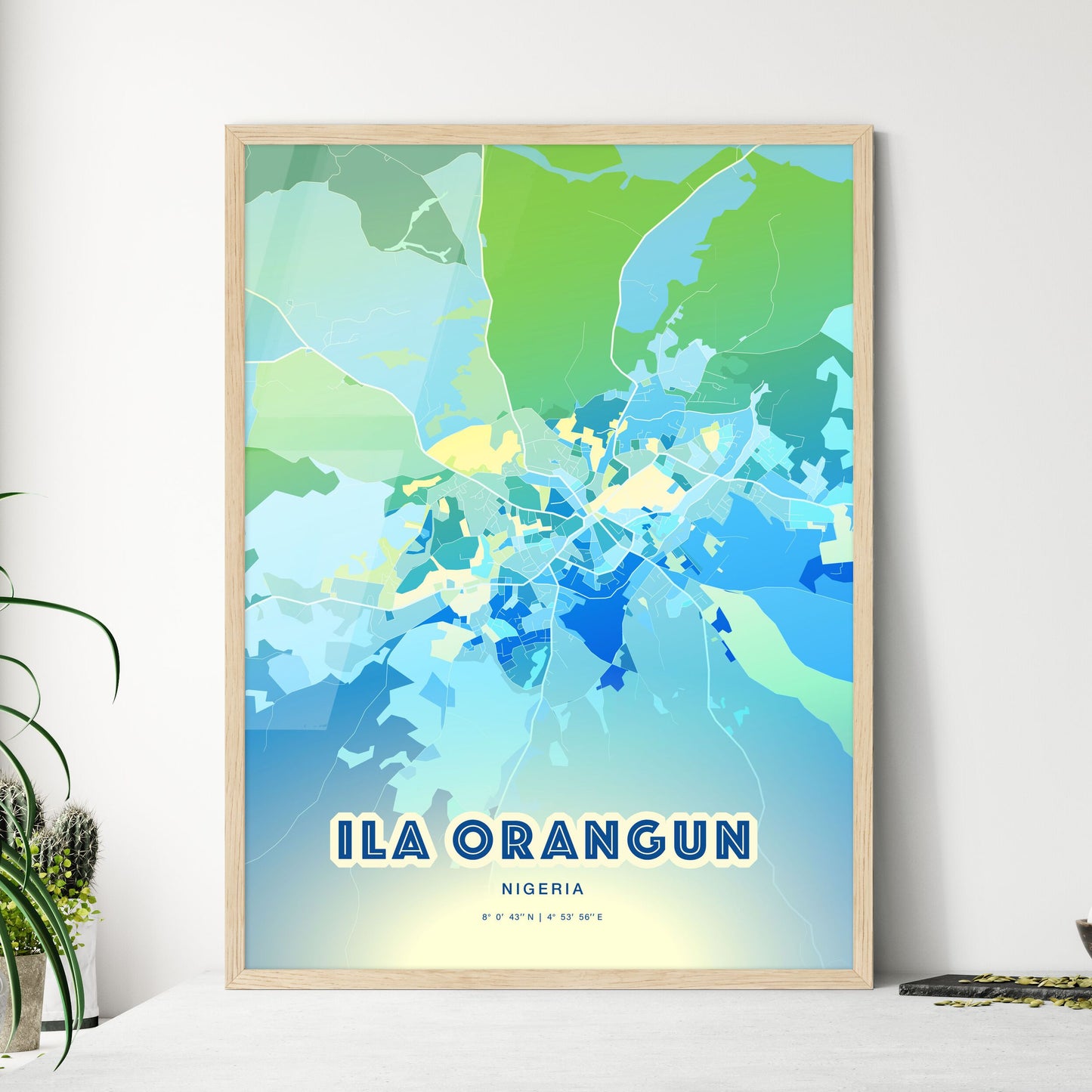 Colorful ILA ORANGUN NIGERIA Fine Art Map Cool Blue