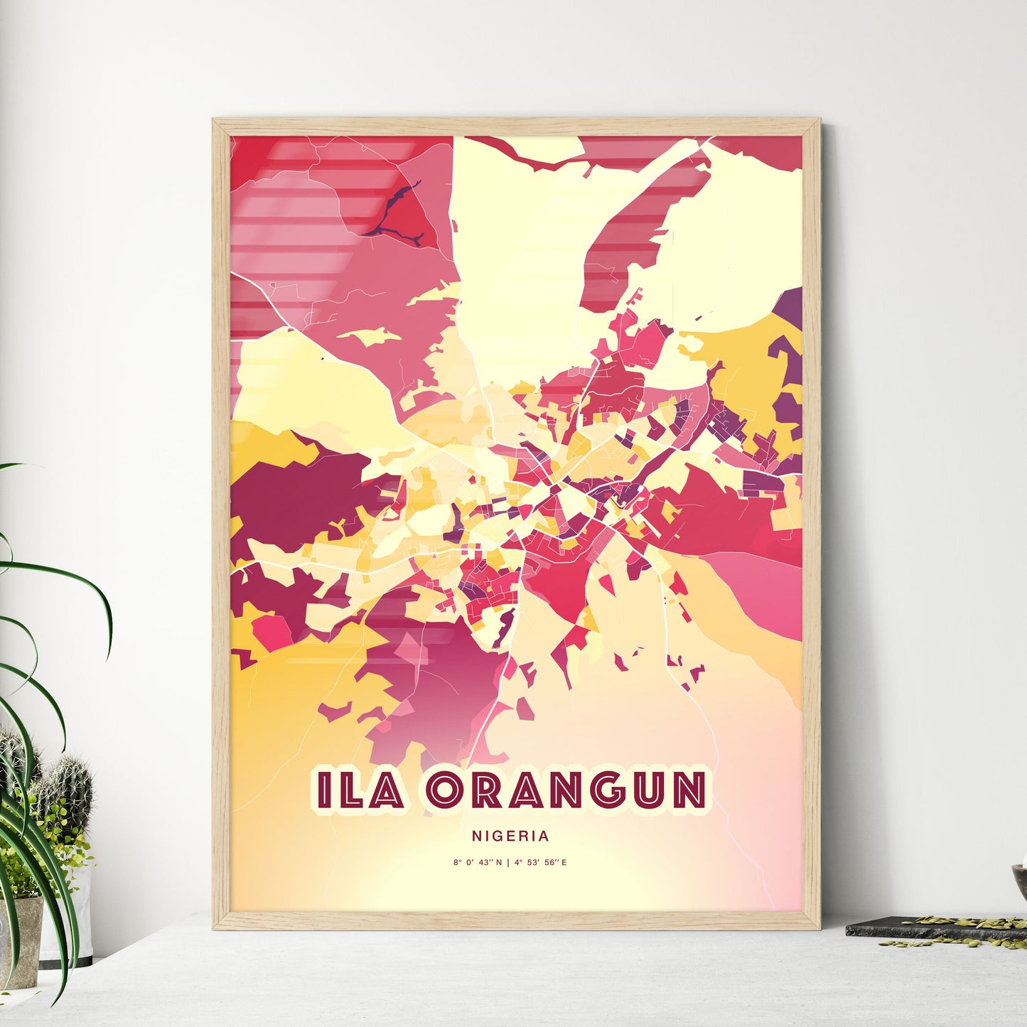 Colorful ILA ORANGUN NIGERIA Fine Art Map Hot Red