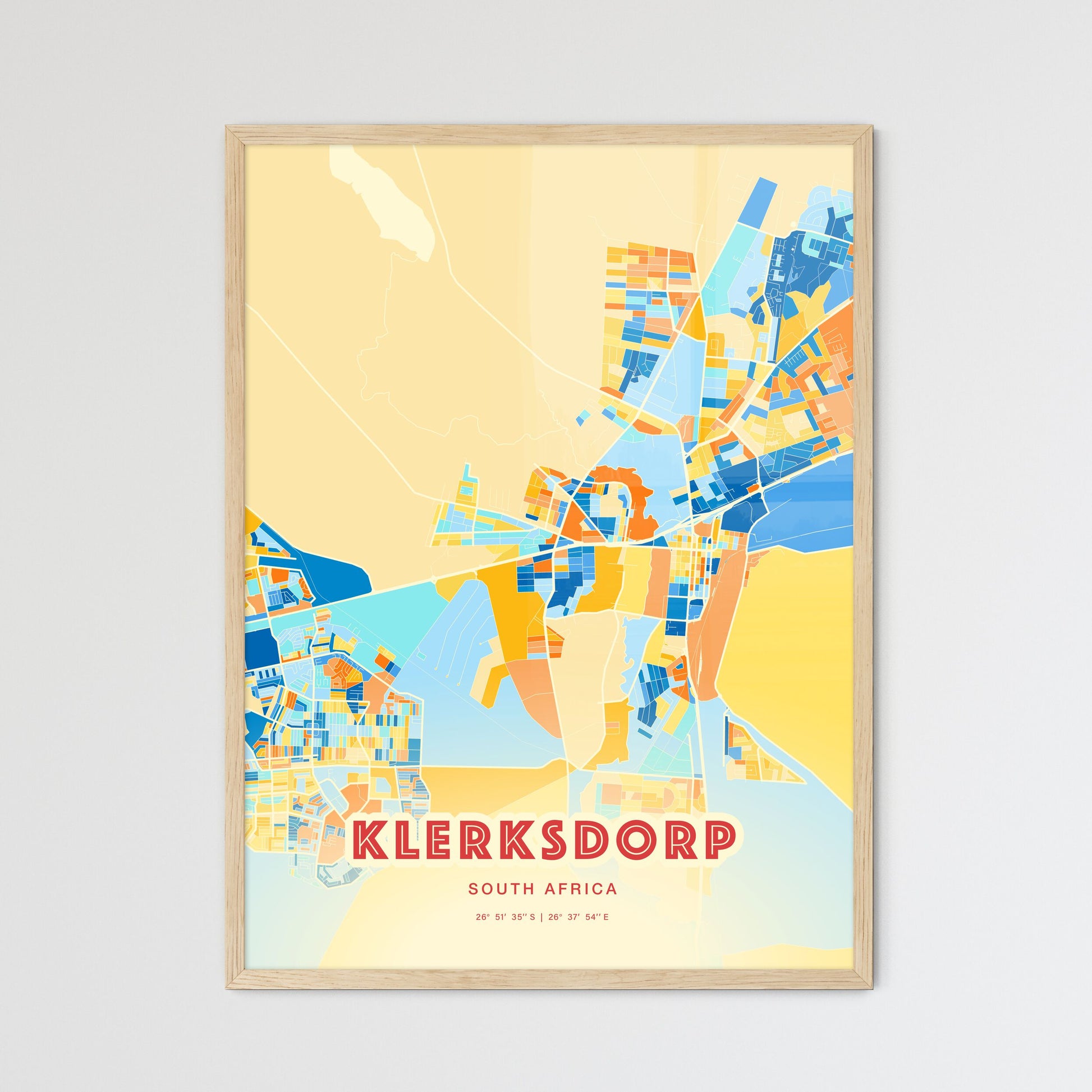 Colorful KLERKSDORP SOUTH AFRICA Fine Art Map Blue Orange