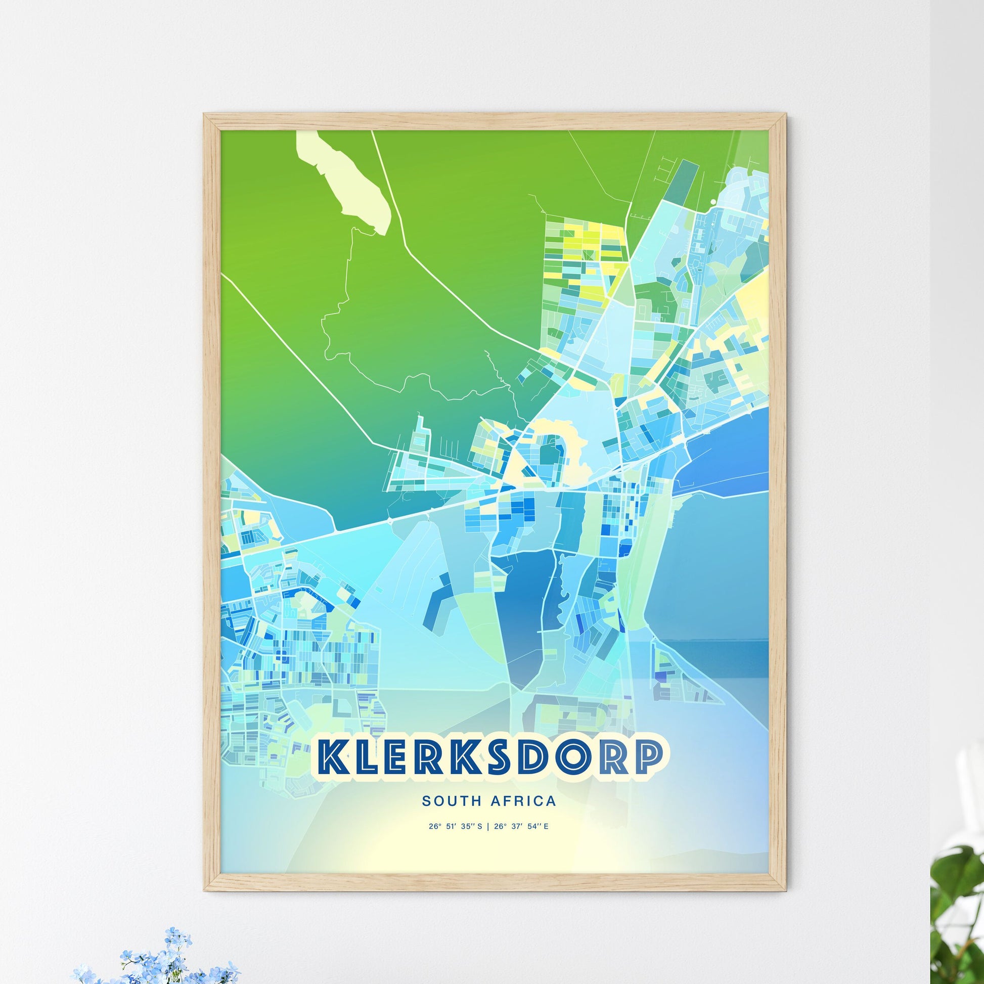 Colorful KLERKSDORP SOUTH AFRICA Fine Art Map Cool Blue