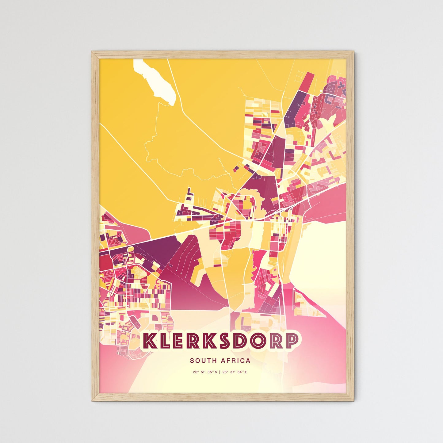 Colorful KLERKSDORP SOUTH AFRICA Fine Art Map Hot Red