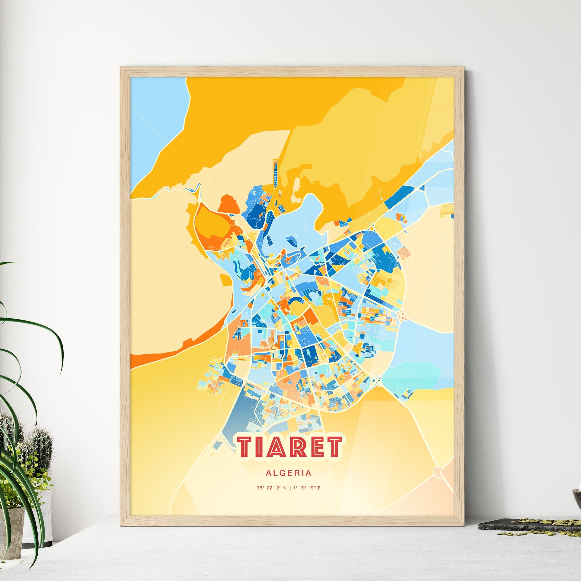 Colorful TIARET ALGERIA Fine Art Map Blue Orange