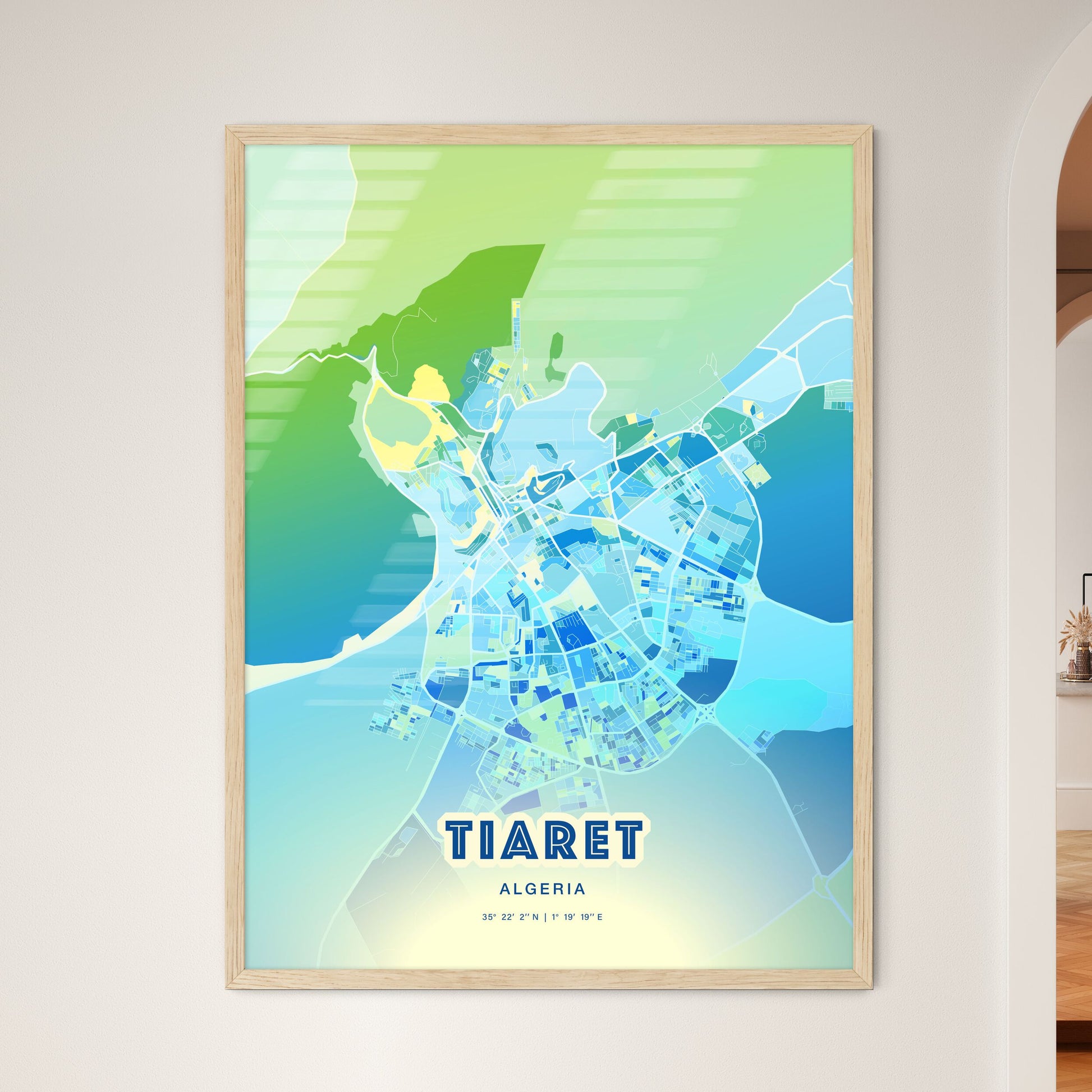 Colorful TIARET ALGERIA Fine Art Map Cool Blue