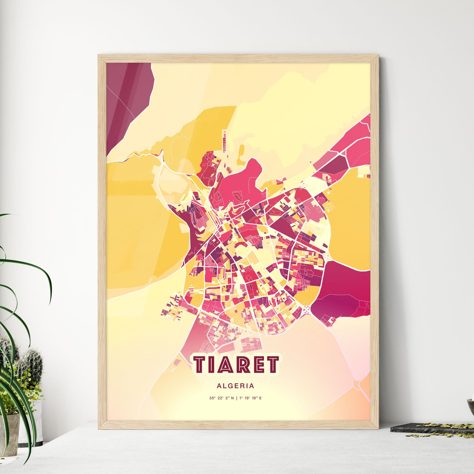 Colorful TIARET ALGERIA Fine Art Map Hot Red