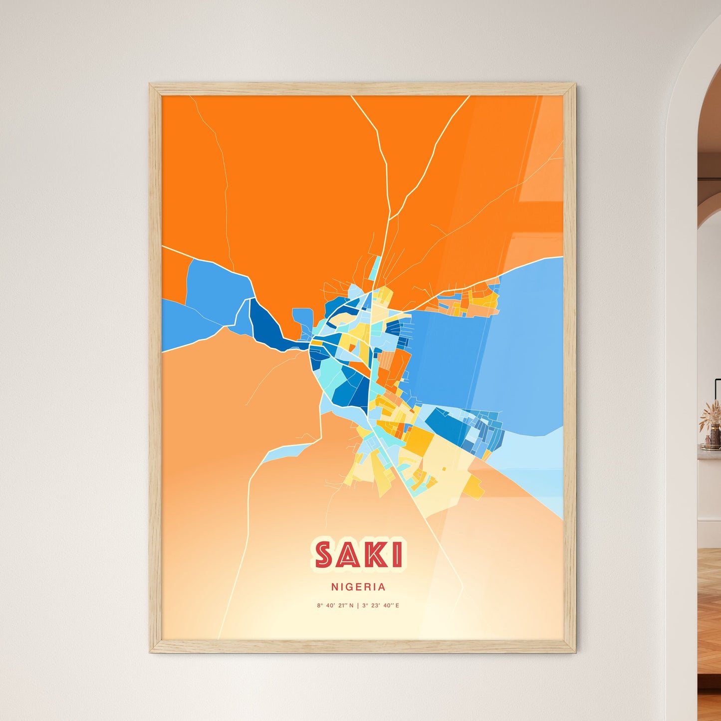 Colorful SAKI NIGERIA Fine Art Map Blue Orange