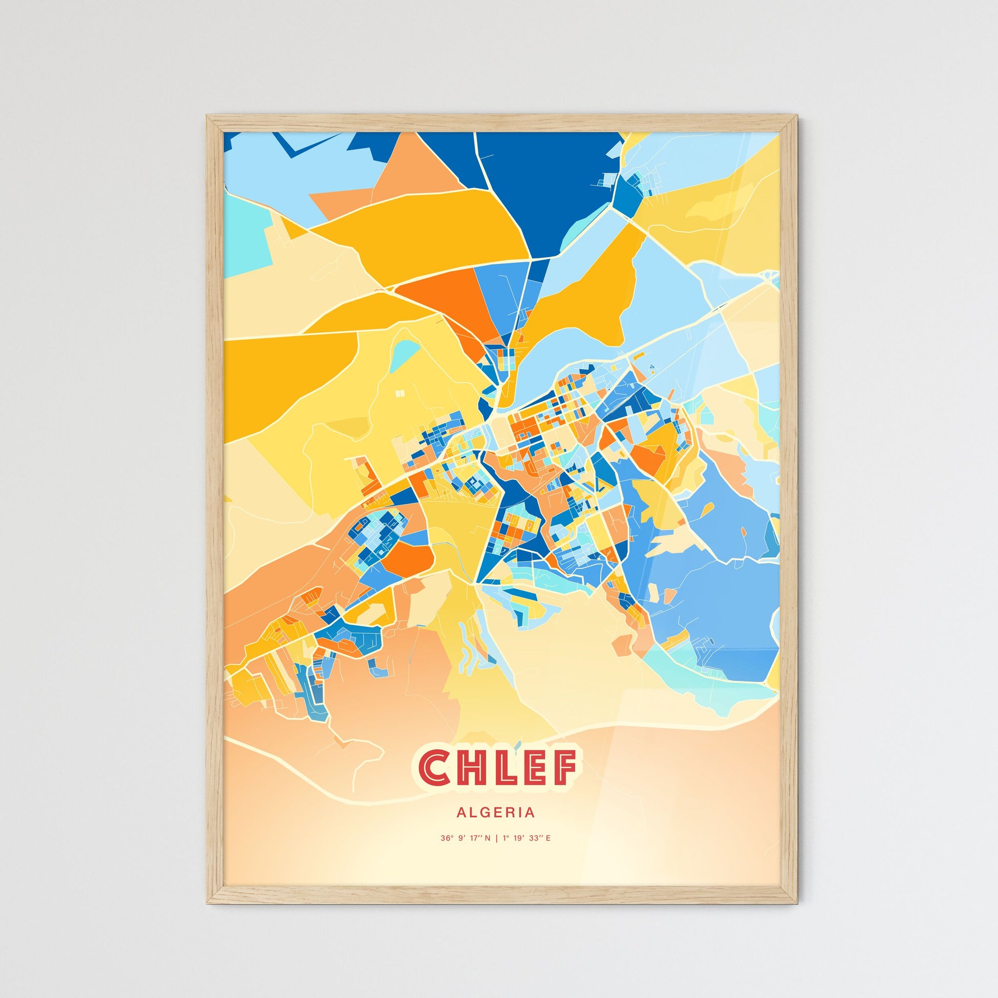 Colorful CHLEF ALGERIA Fine Art Map Blue Orange