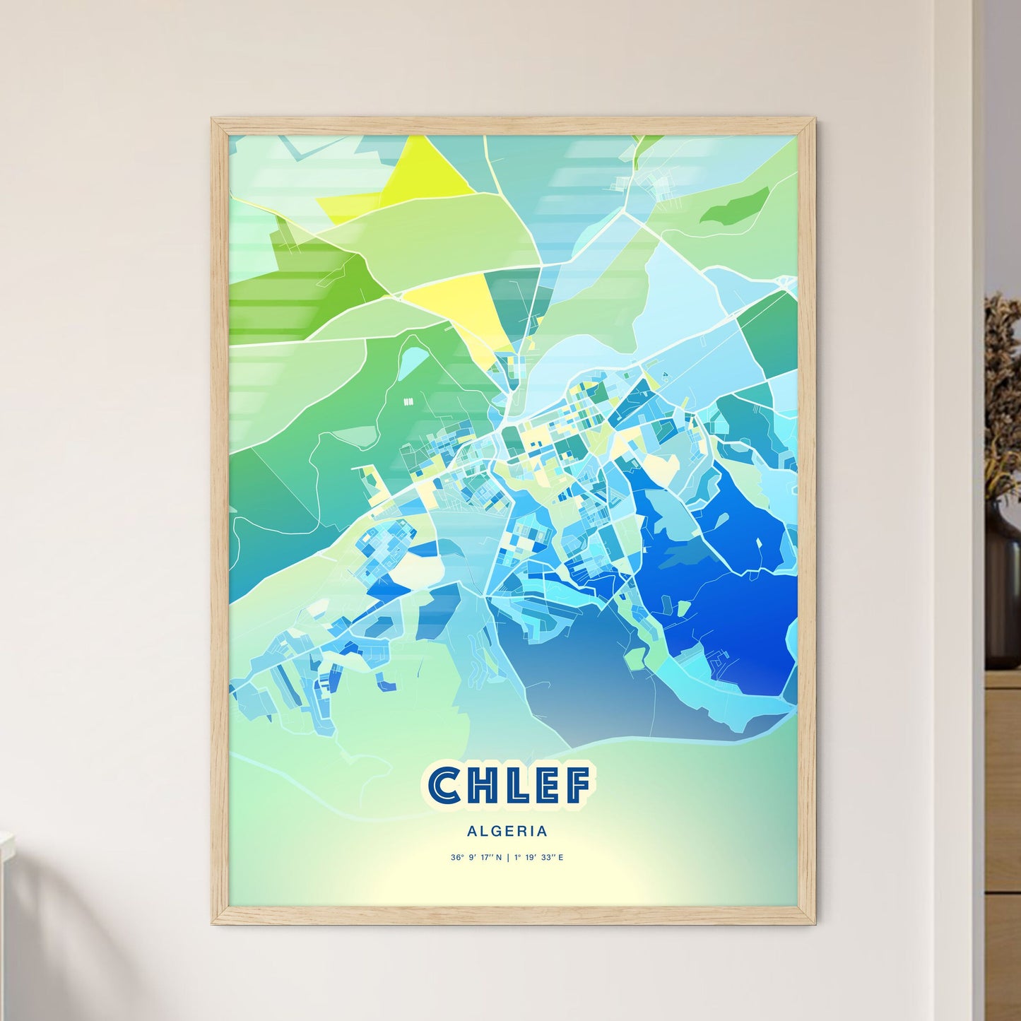 Colorful CHLEF ALGERIA Fine Art Map Cool Blue