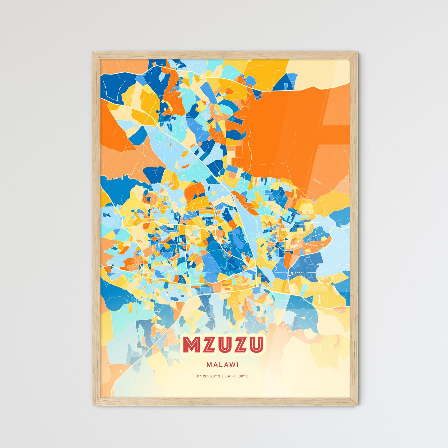 Colorful MZUZU MALAWI Fine Art Map Blue Orange