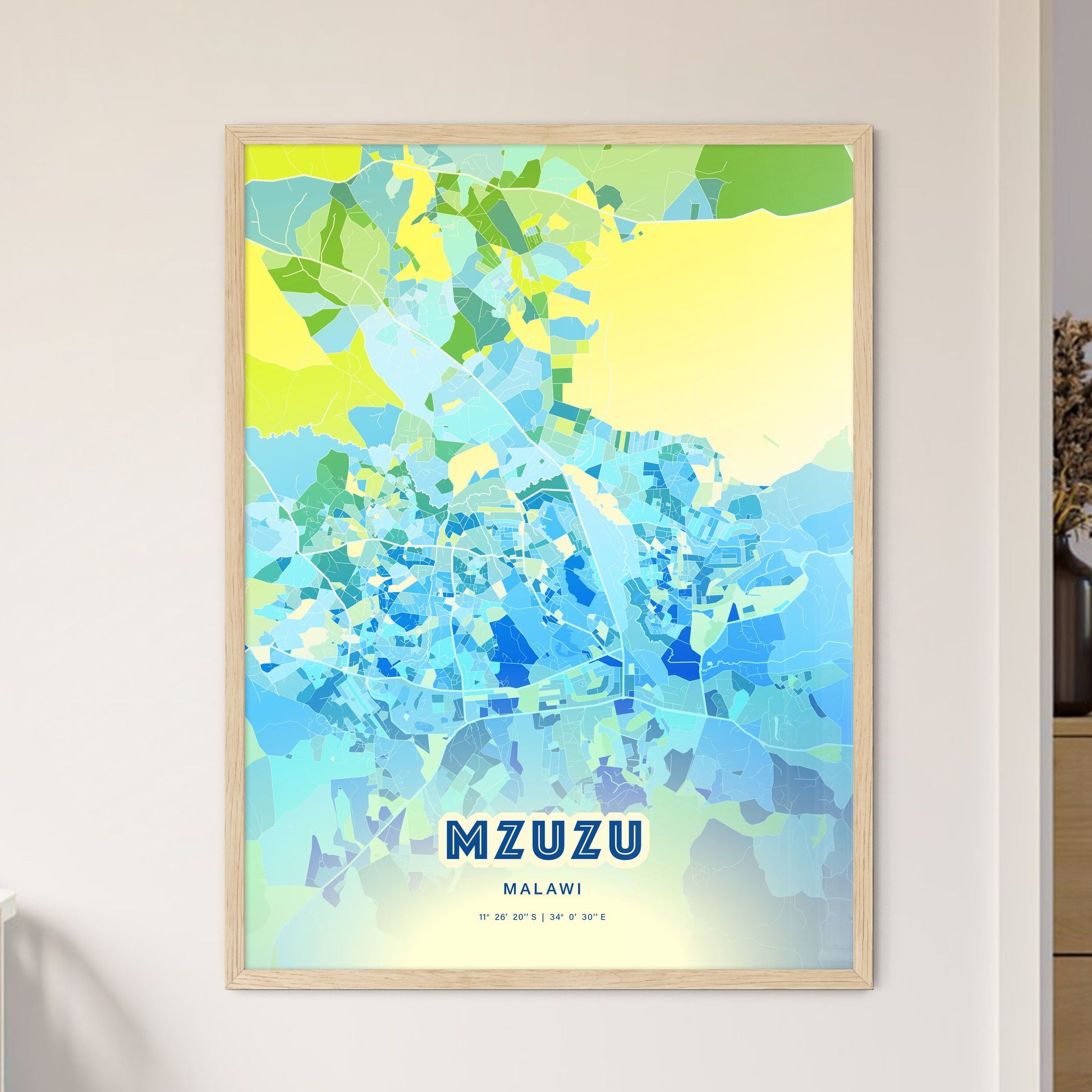 Colorful MZUZU MALAWI Fine Art Map Cool Blue