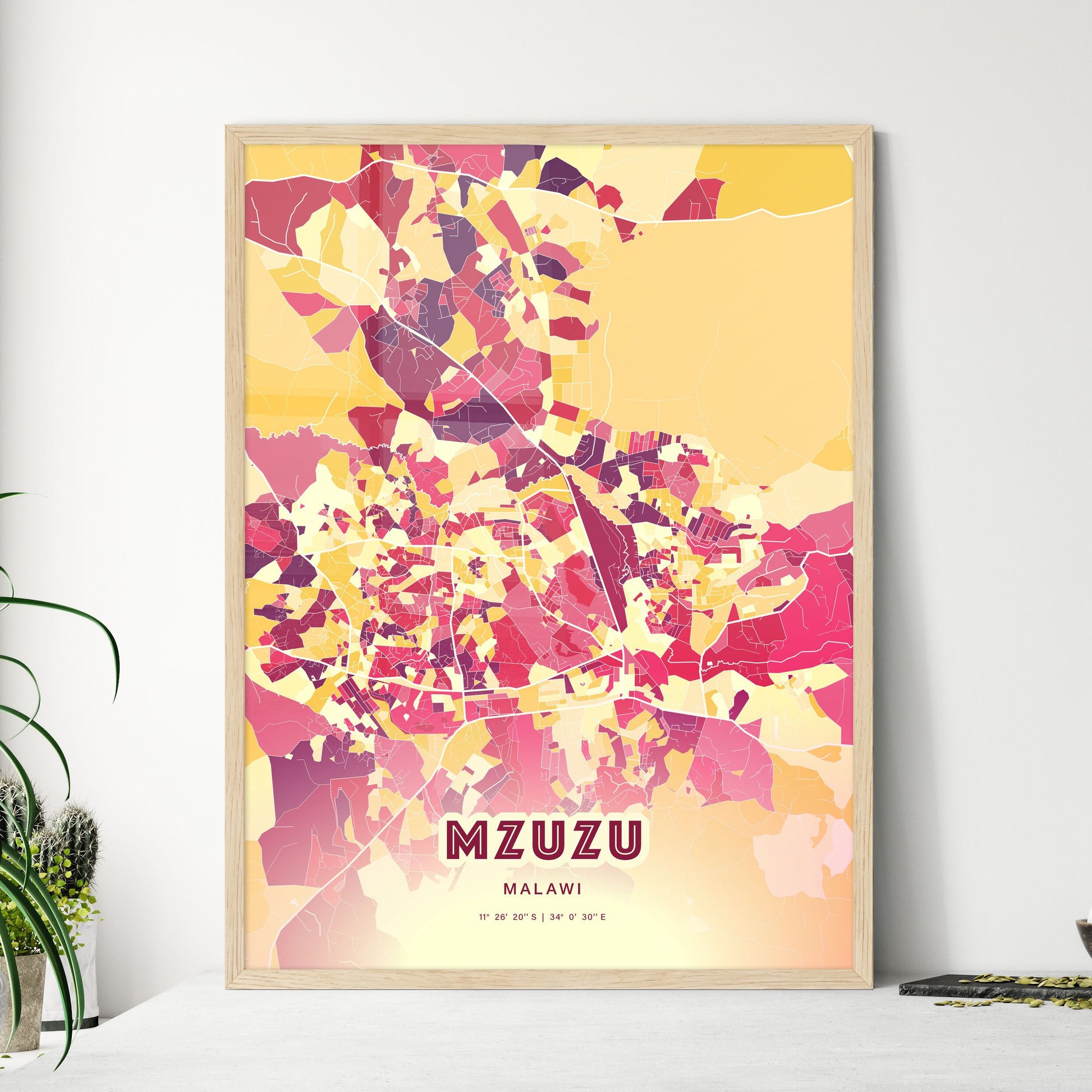 Colorful MZUZU MALAWI Fine Art Map Hot Red