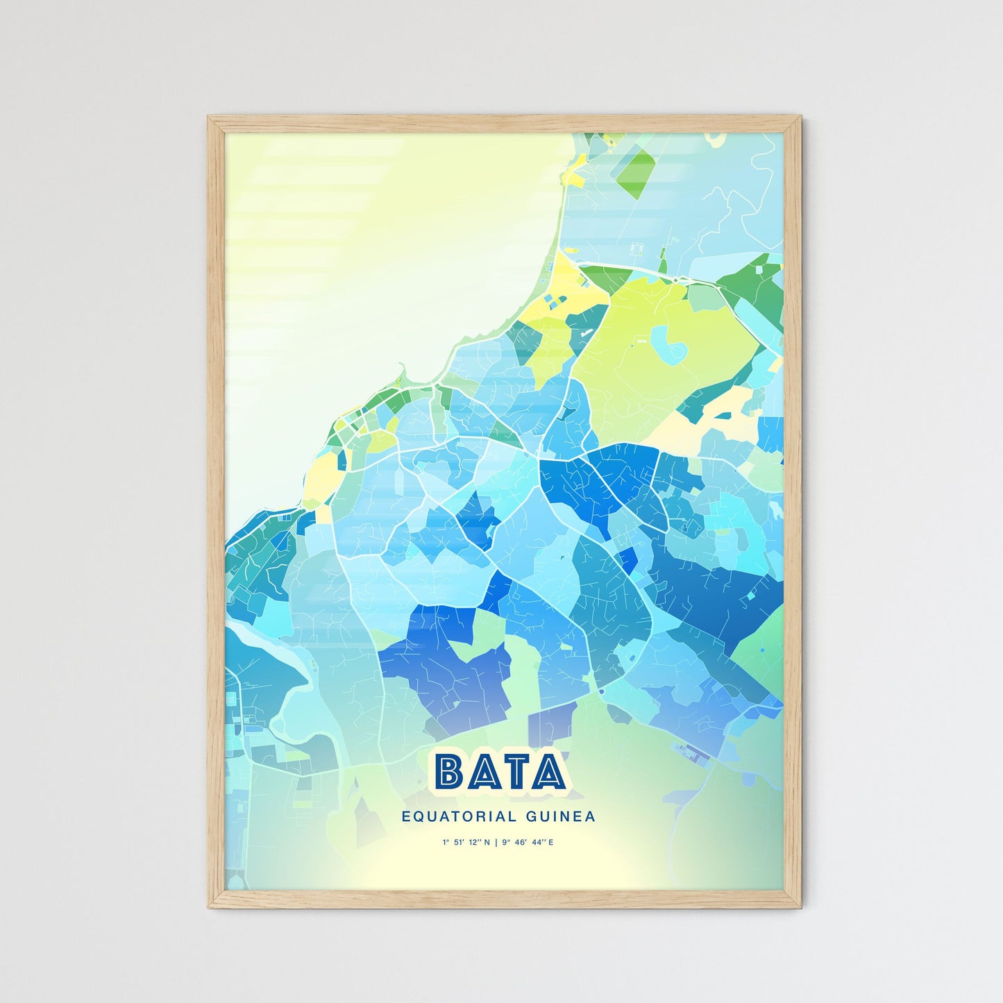 Colorful BATA EQUATORIAL GUINEA Fine Art Map Cool Blue