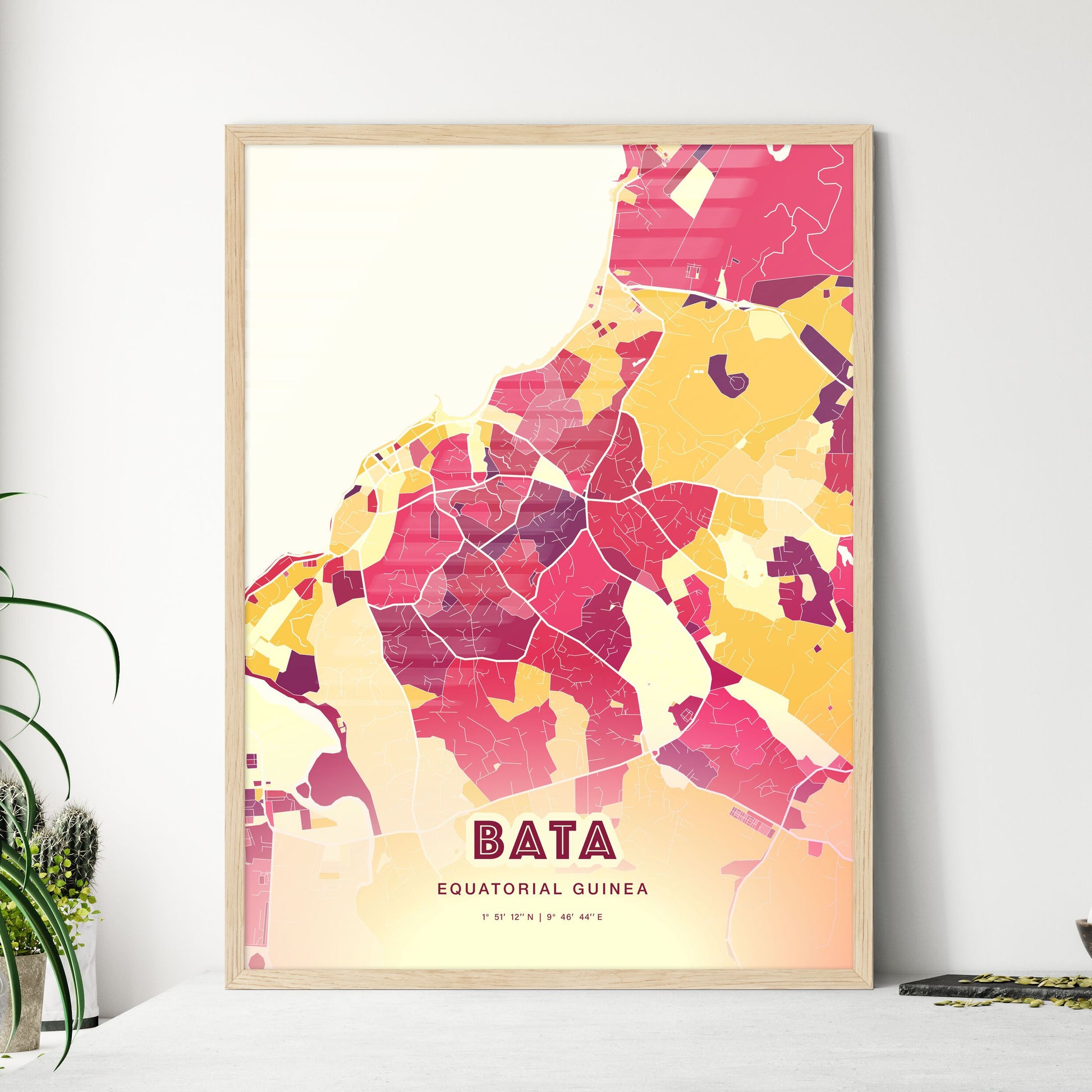 Colorful BATA EQUATORIAL GUINEA Fine Art Map Hot Red