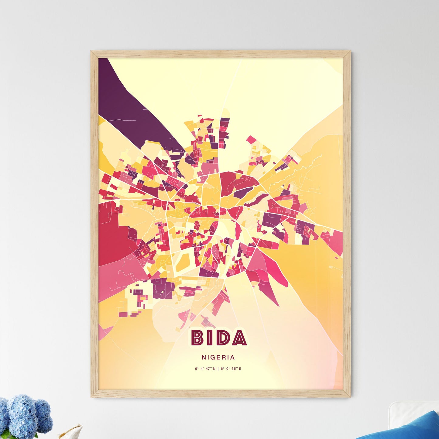 Colorful BIDA NIGERIA Fine Art Map Hot Red