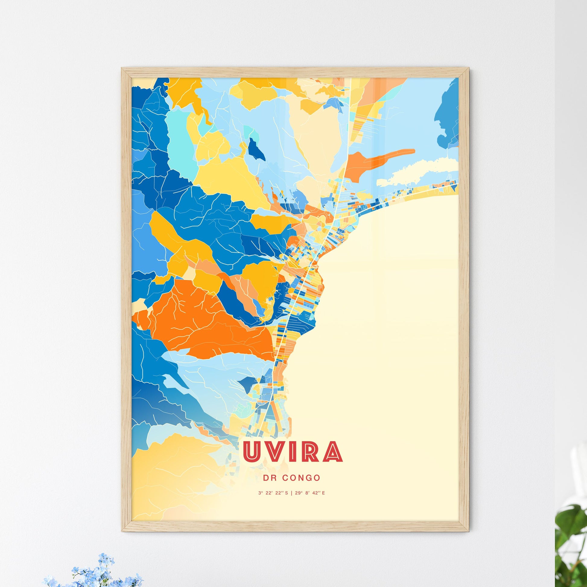 Colorful UVIRA DR CONGO Fine Art Map Blue Orange