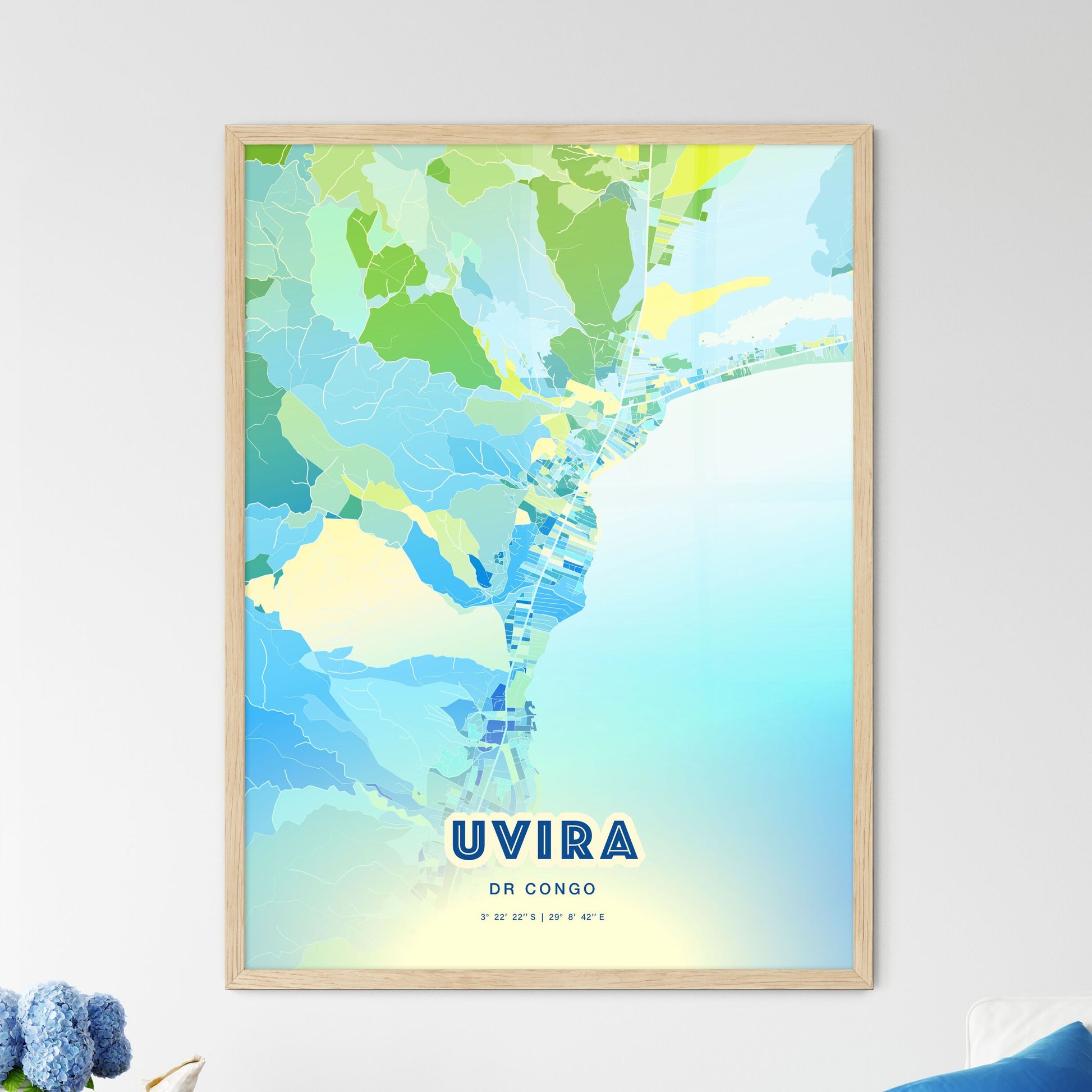 Colorful UVIRA DR CONGO Fine Art Map Cool Blue