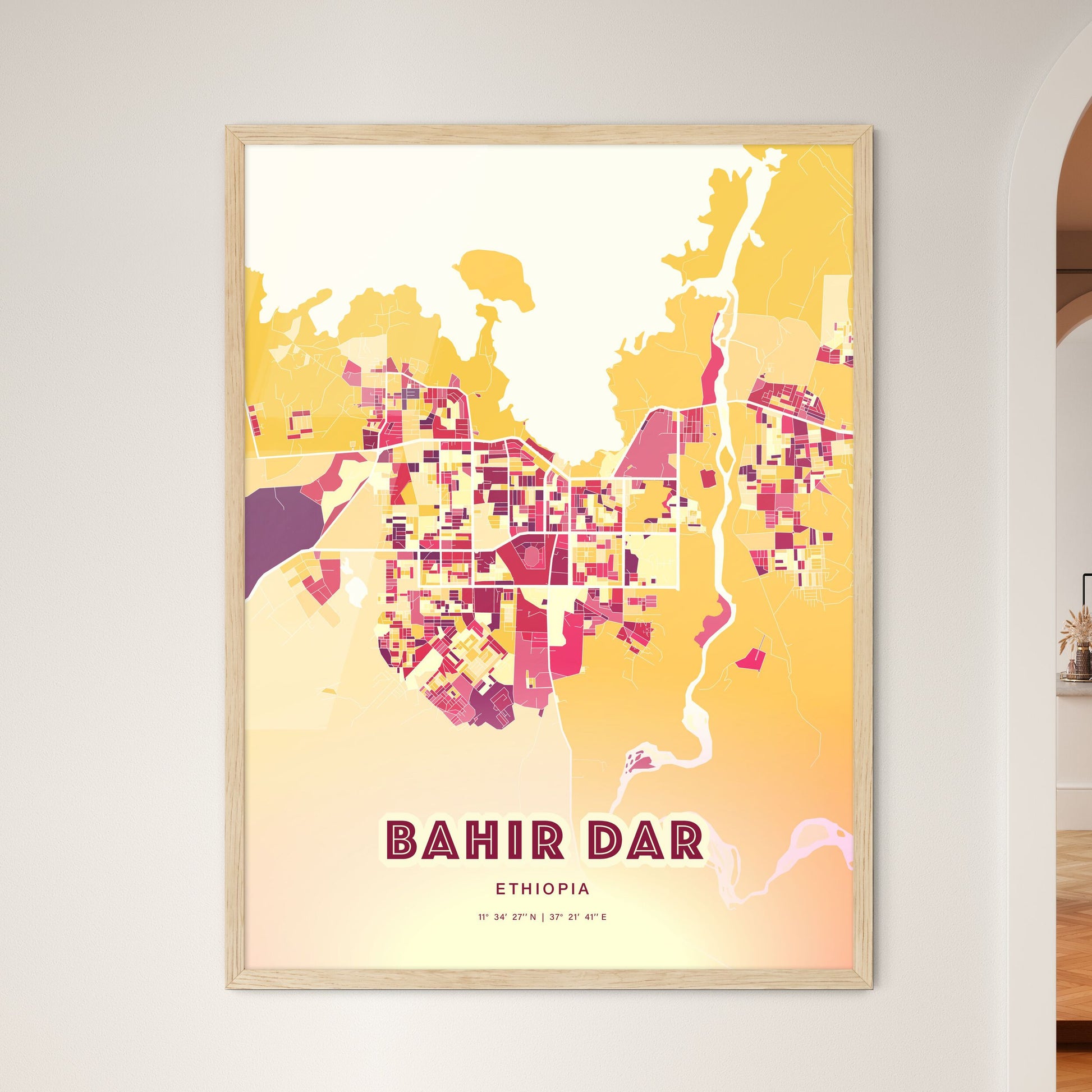 Colorful BAHIR DAR ETHIOPIA Fine Art Map Hot Red