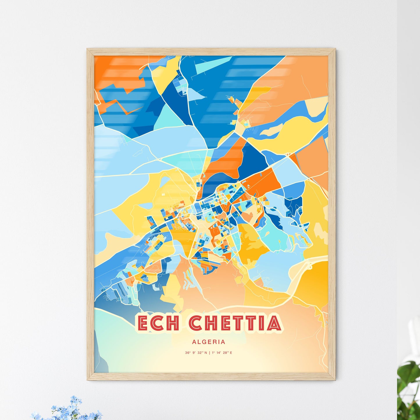 Colorful ECH CHETTIA ALGERIA Fine Art Map Blue Orange