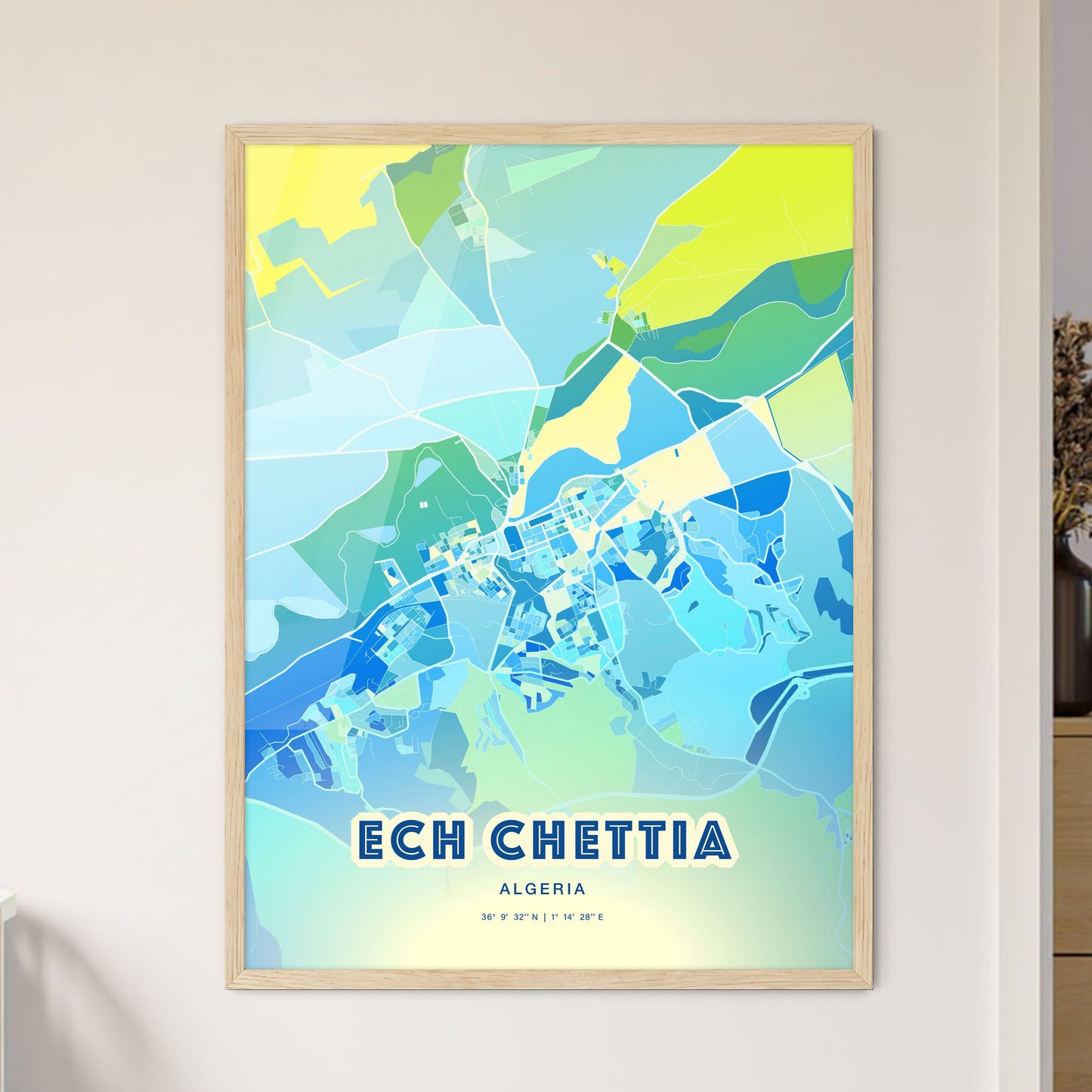 Colorful ECH CHETTIA ALGERIA Fine Art Map Cool Blue