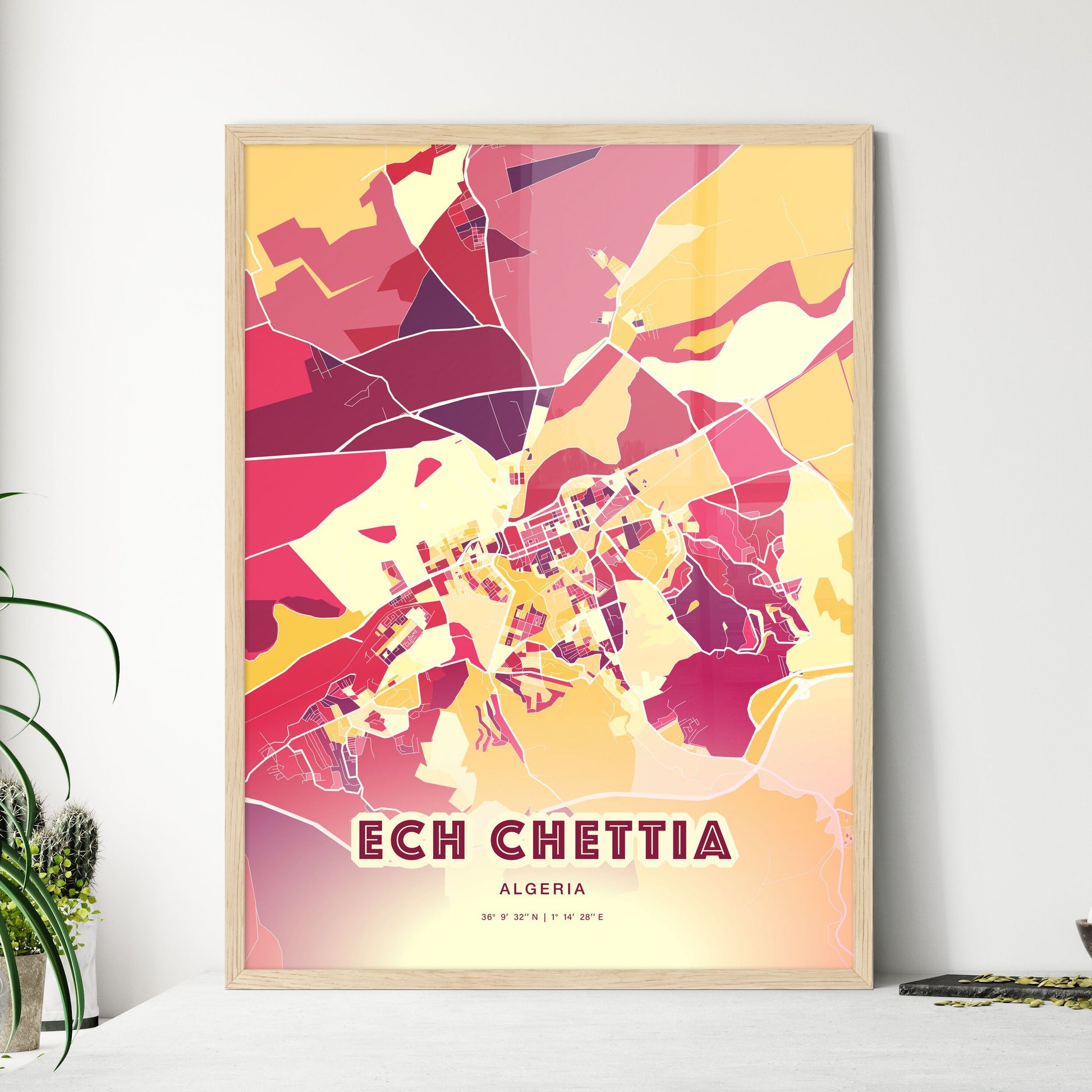 Colorful ECH CHETTIA ALGERIA Fine Art Map Hot Red