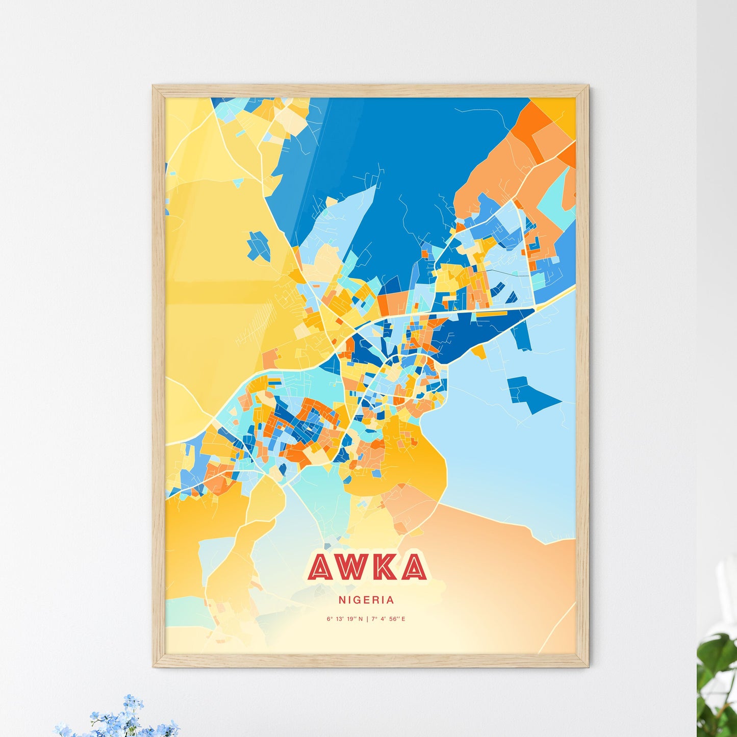 Colorful AWKA NIGERIA Fine Art Map Blue Orange