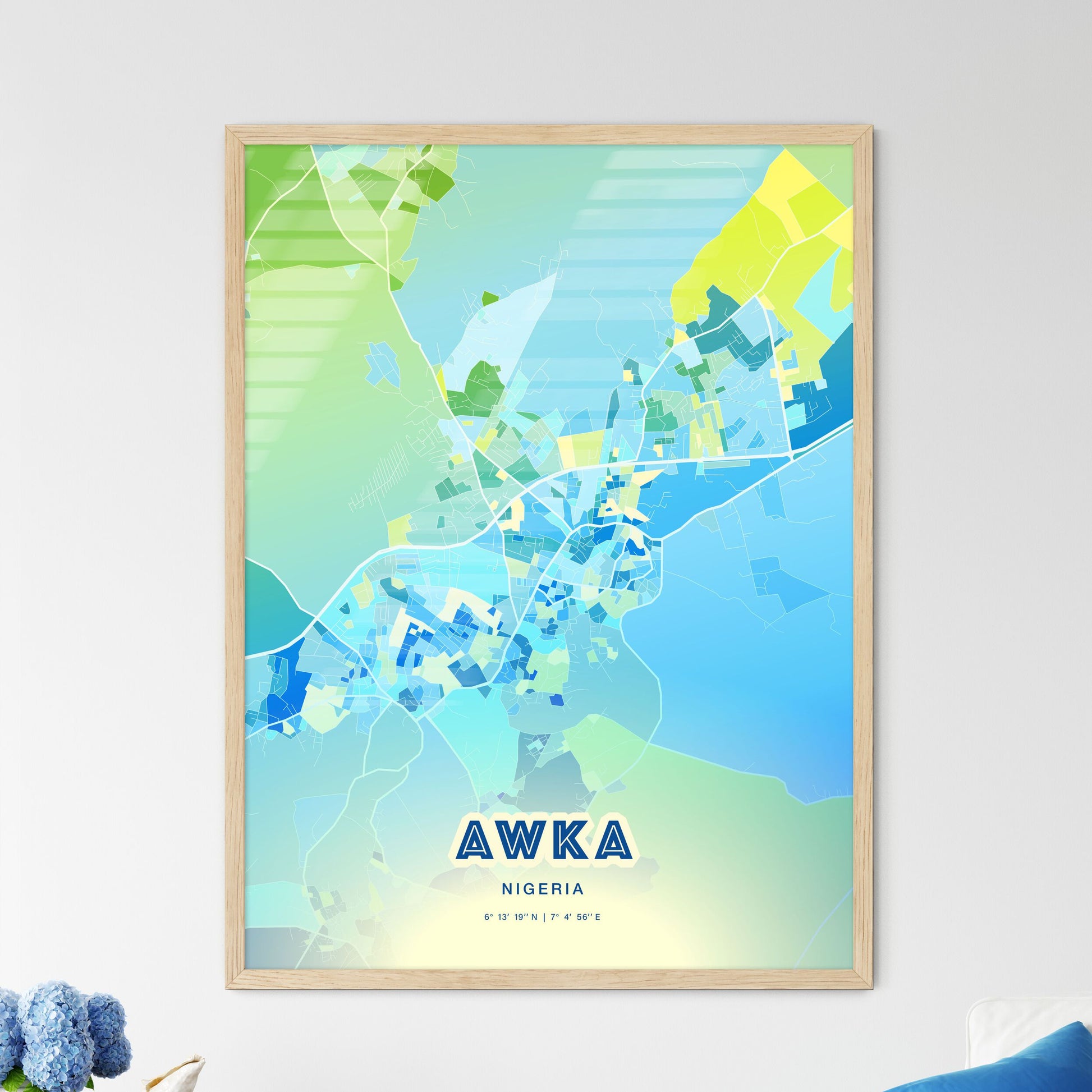 Colorful AWKA NIGERIA Fine Art Map Cool Blue