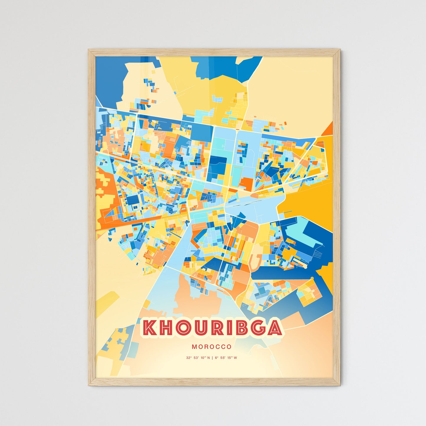 Colorful KHOURIBGA MOROCCO Fine Art Map Blue Orange