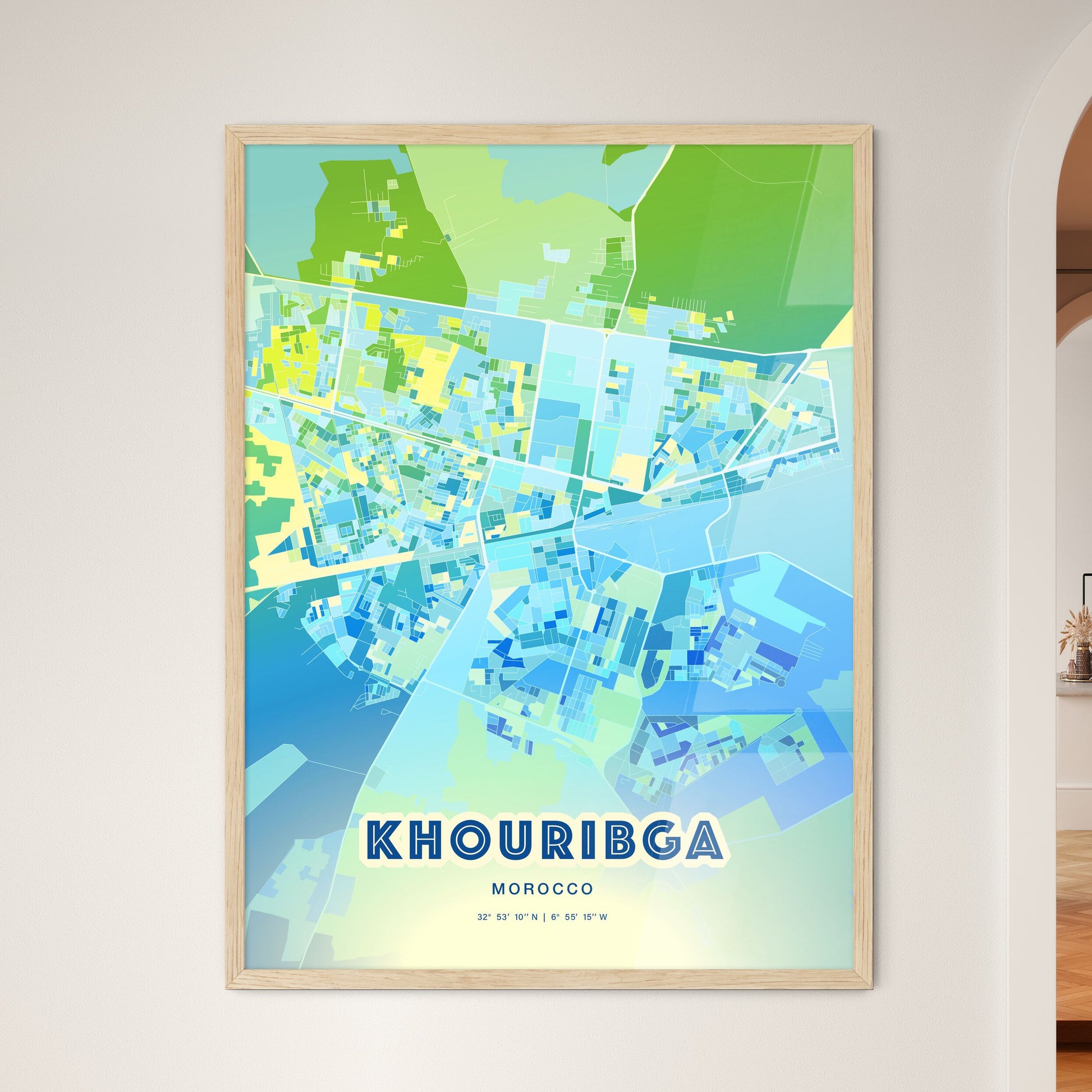 Colorful KHOURIBGA MOROCCO Fine Art Map Cool Blue