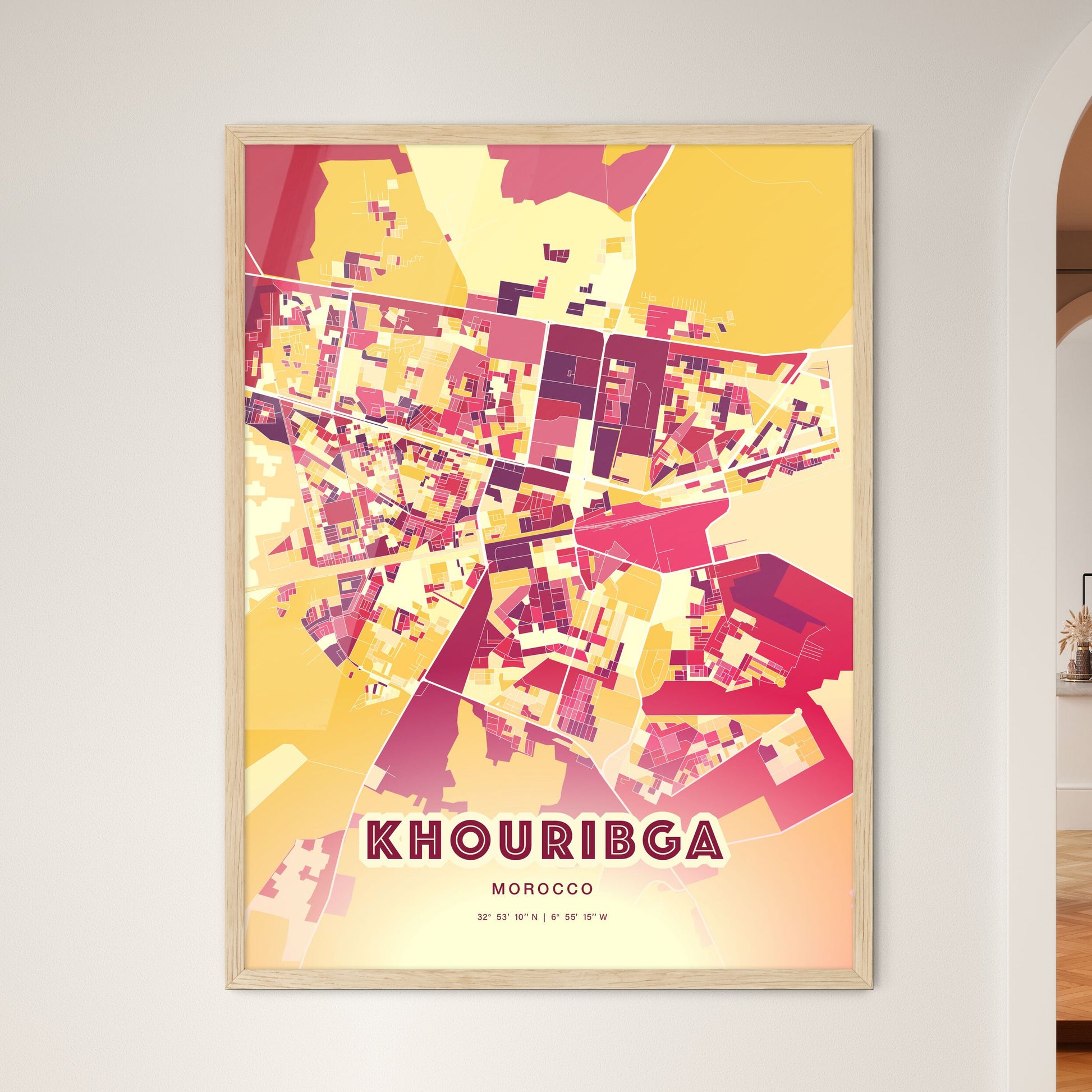 Colorful KHOURIBGA MOROCCO Fine Art Map Hot Red