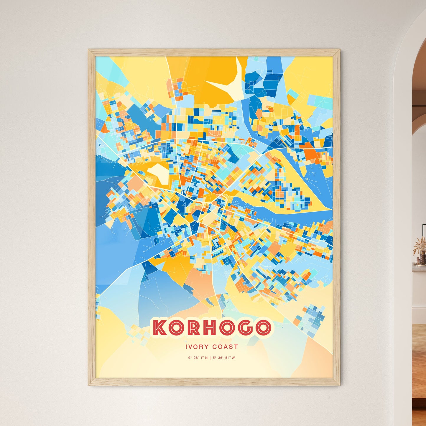 Colorful KORHOGO IVORY COAST Fine Art Map Blue Orange