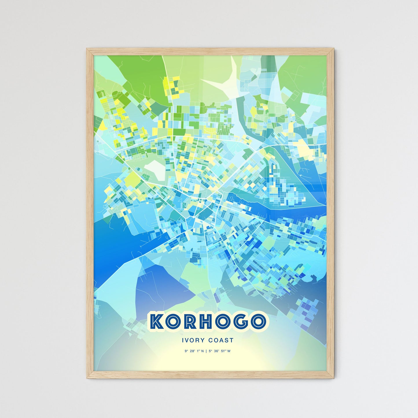 Colorful KORHOGO IVORY COAST Fine Art Map Cool Blue