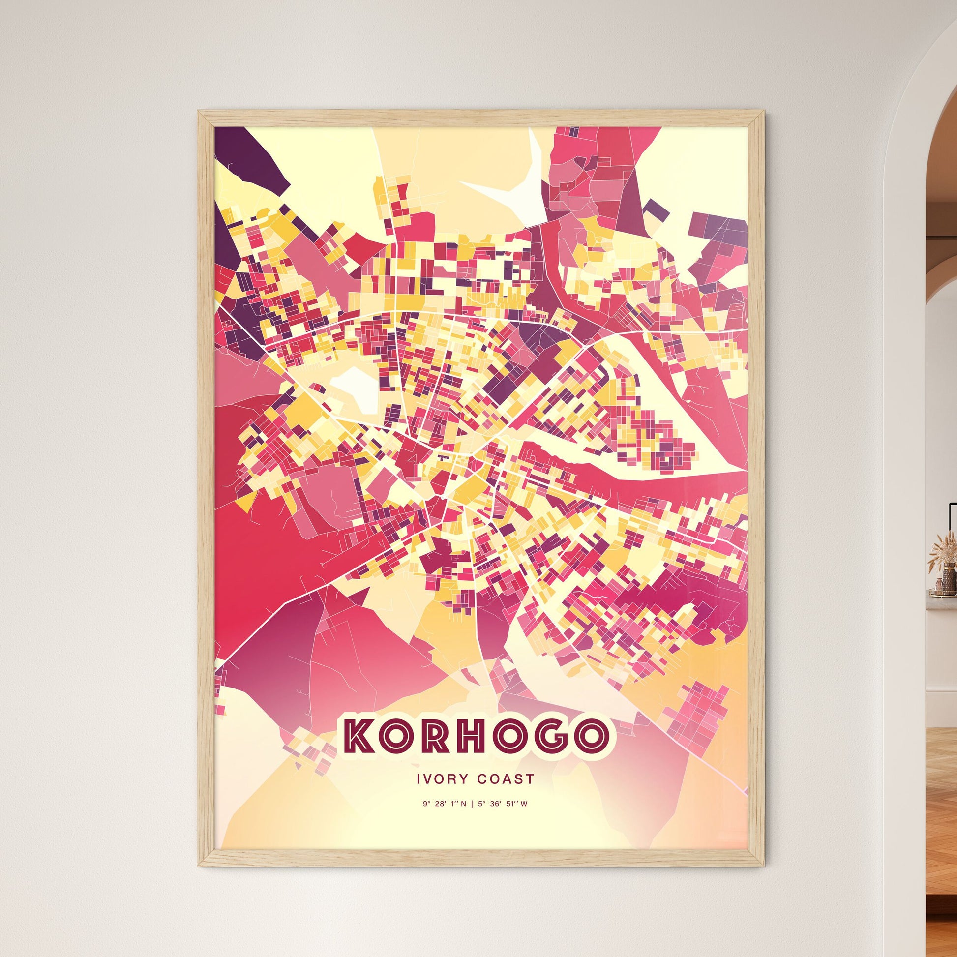 Colorful KORHOGO IVORY COAST Fine Art Map Hot Red