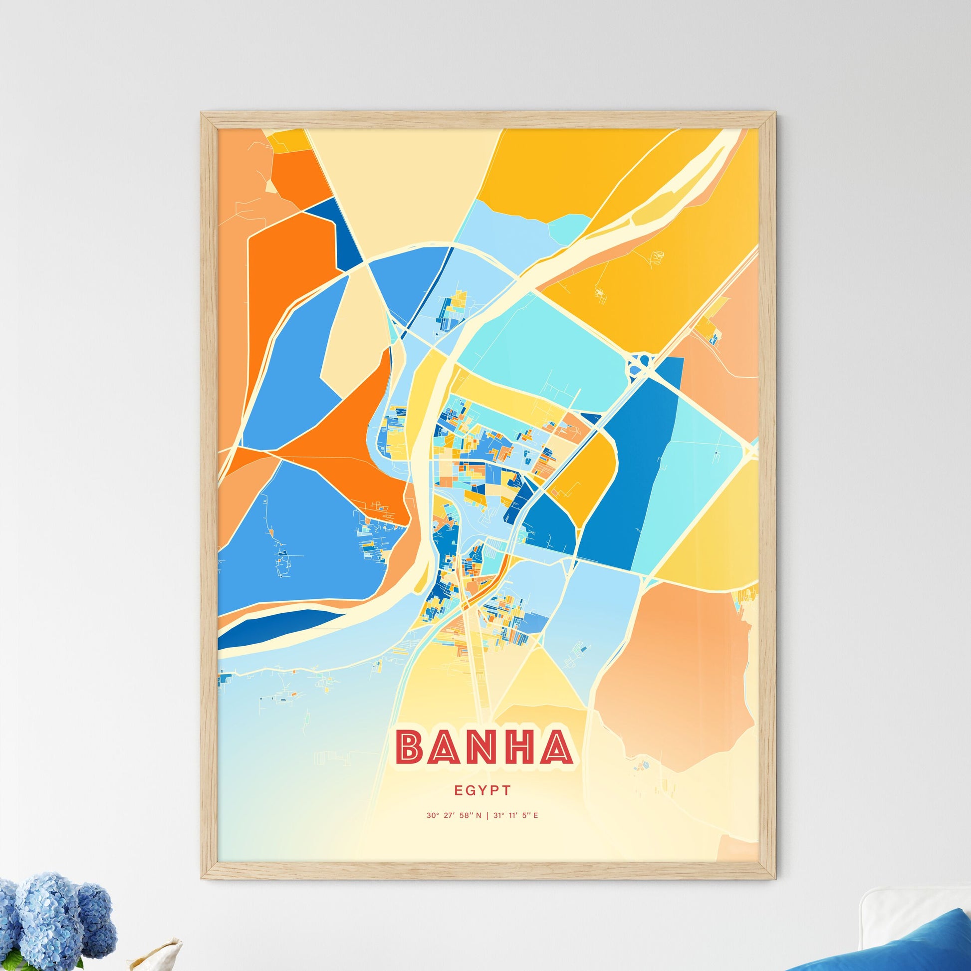 Colorful BANHA EGYPT Fine Art Map Blue Orange