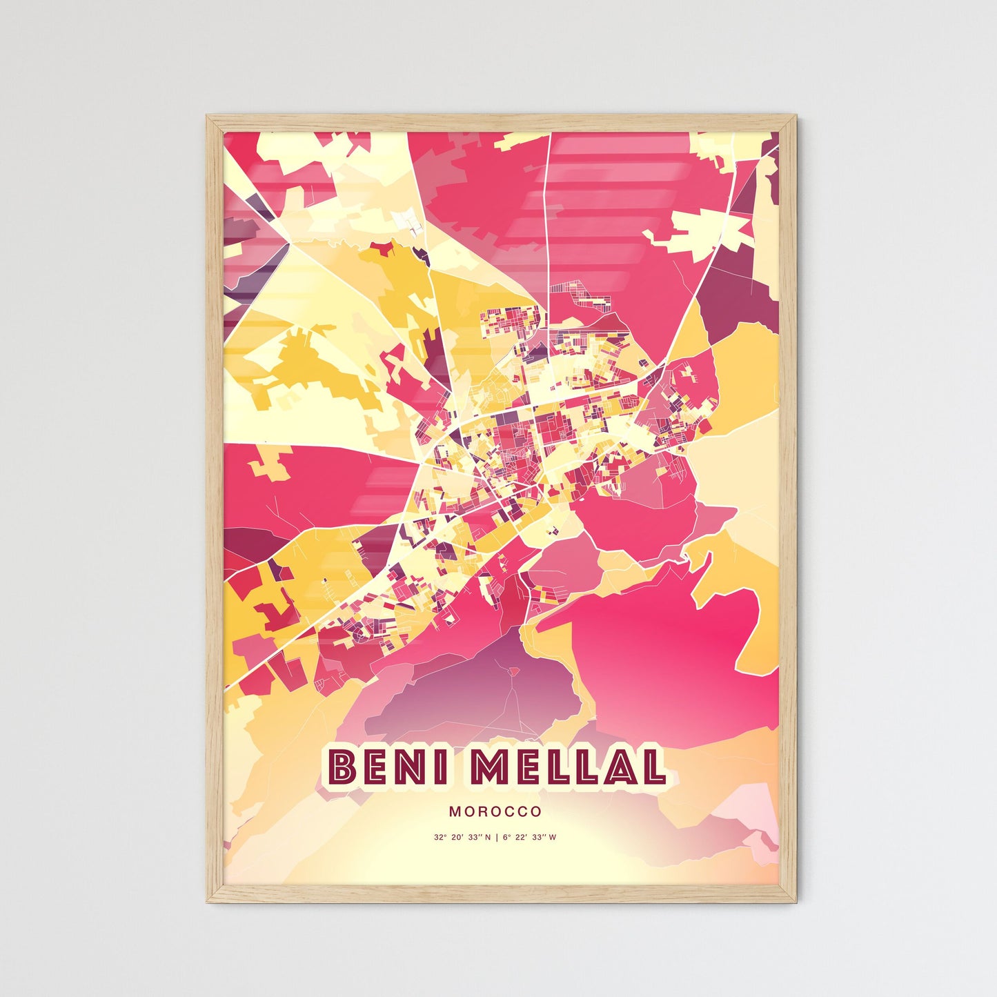 Colorful BENI MELLAL MOROCCO Fine Art Map Hot Red