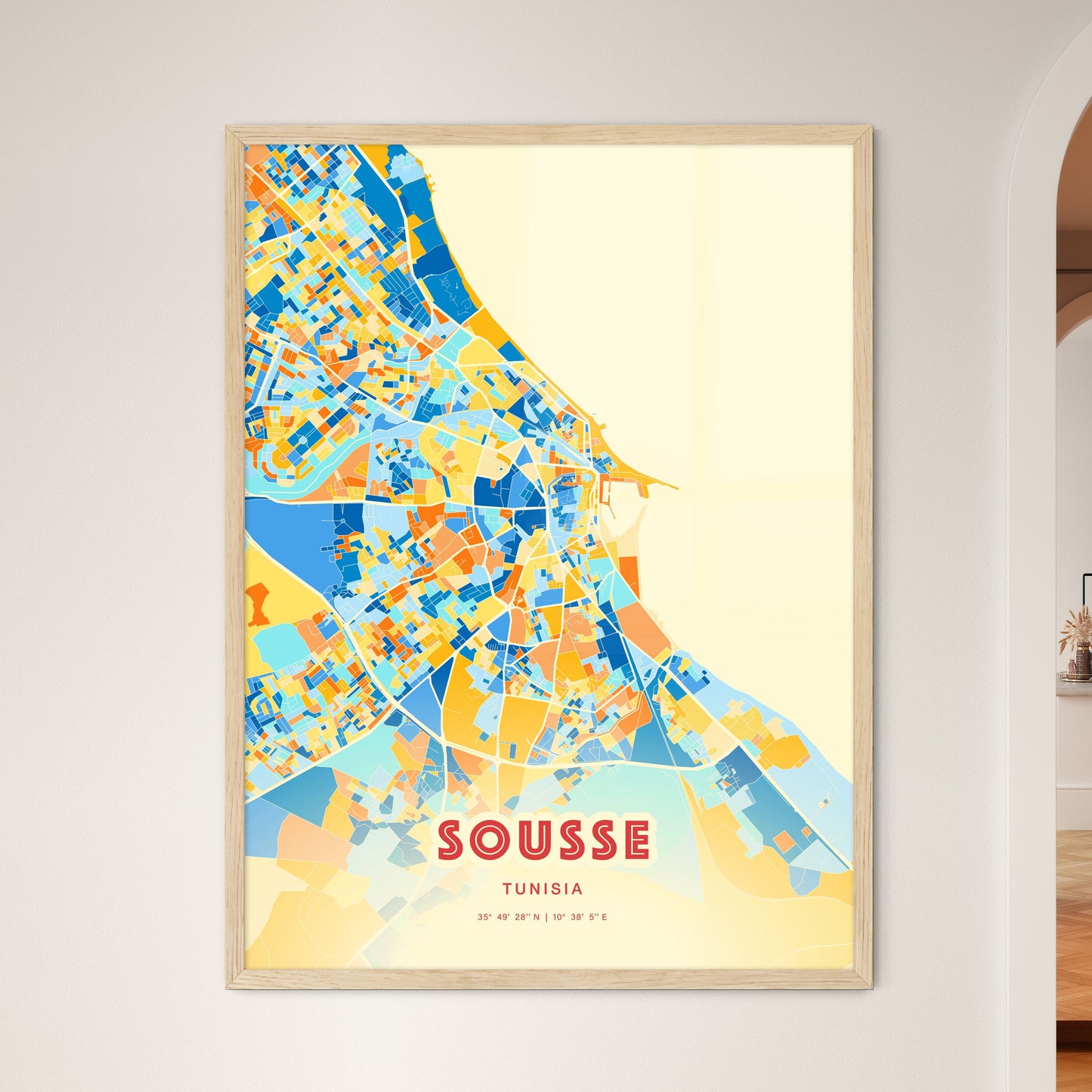 Colorful SOUSSE TUNISIA Fine Art Map Blue Orange