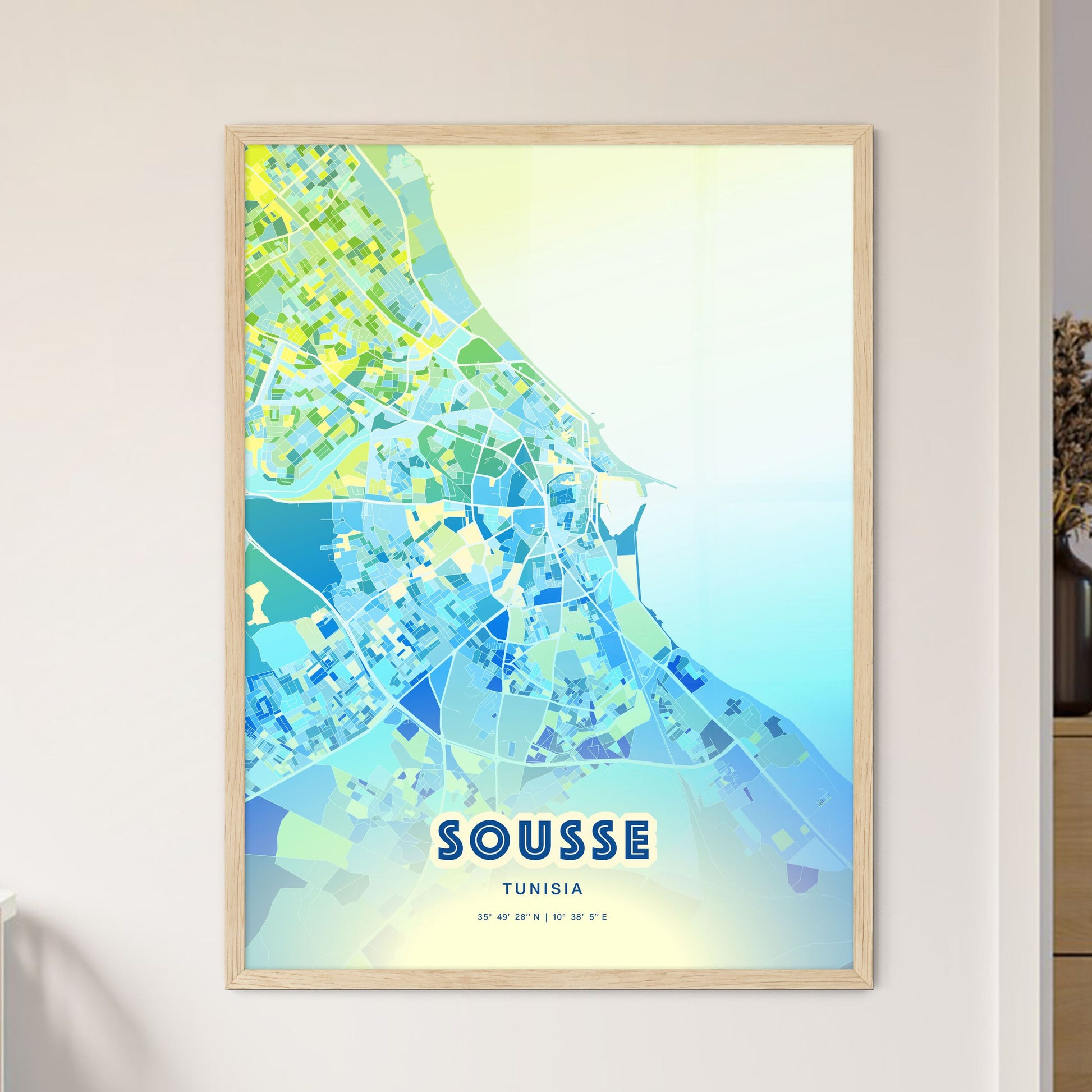 Colorful SOUSSE TUNISIA Fine Art Map Cool Blue