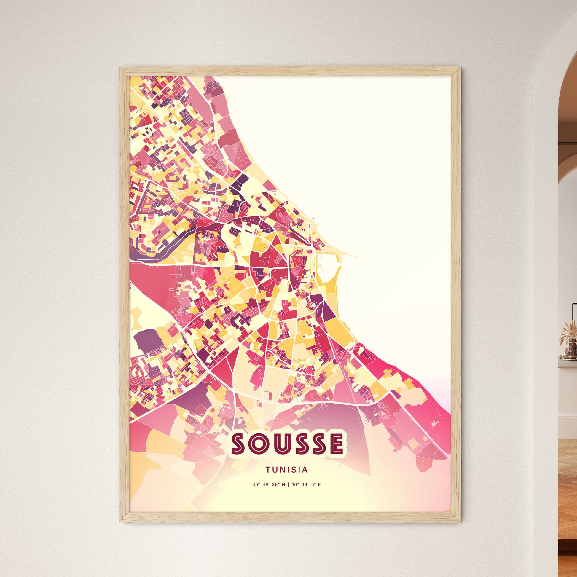 Colorful SOUSSE TUNISIA Fine Art Map Hot Red