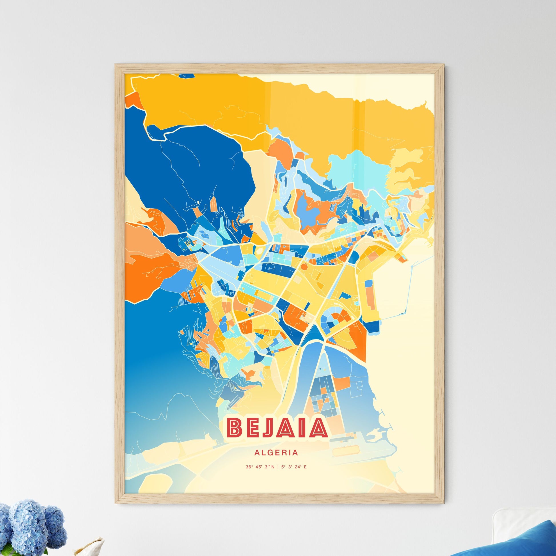 Colorful BEJAIA ALGERIA Fine Art Map Blue Orange