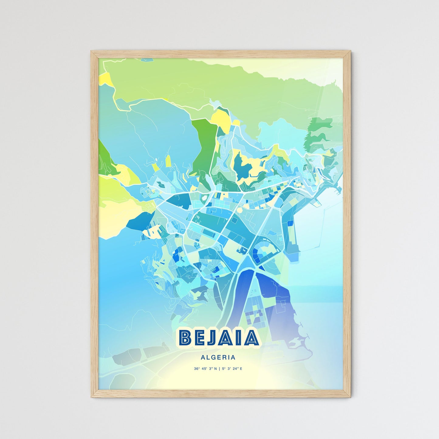 Colorful BEJAIA ALGERIA Fine Art Map Cool Blue