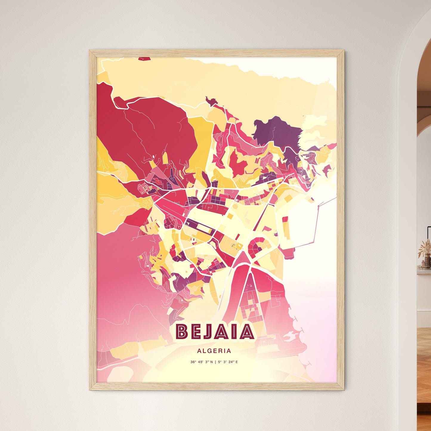 Colorful BEJAIA ALGERIA Fine Art Map Hot Red