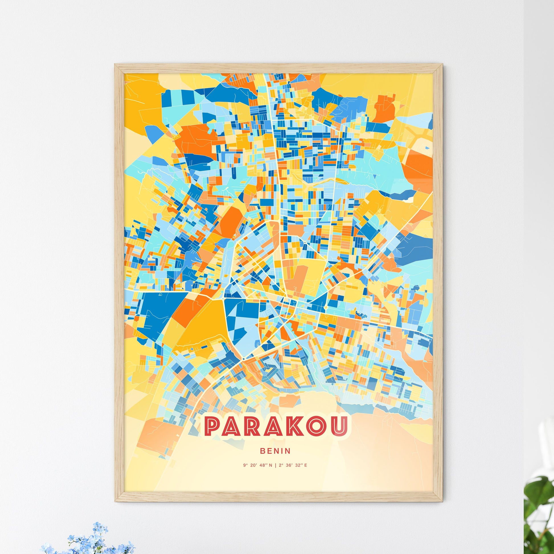 Colorful PARAKOU BENIN Fine Art Map Blue Orange