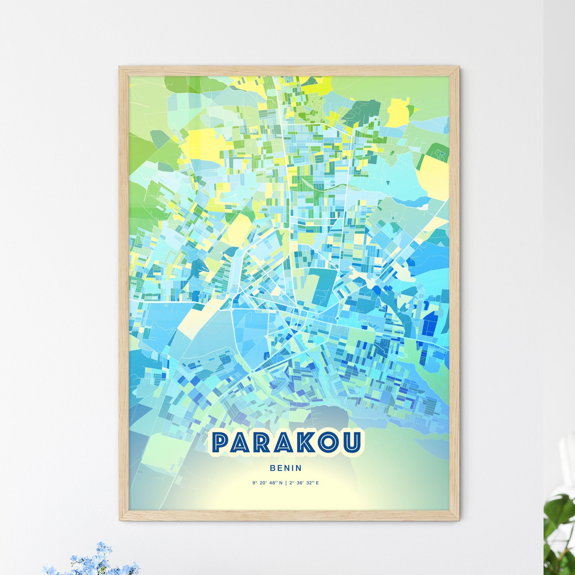 Colorful PARAKOU BENIN Fine Art Map Cool Blue