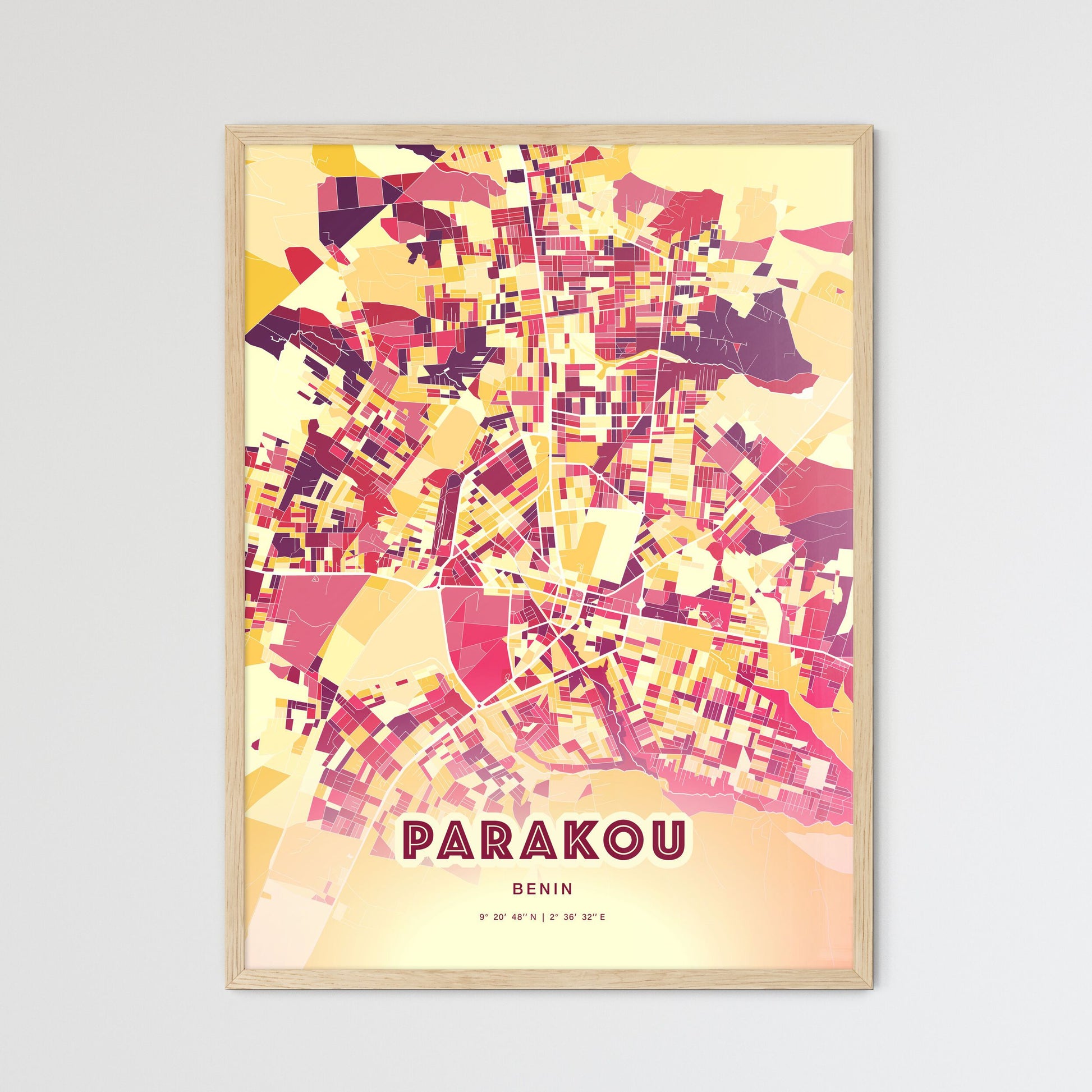 Colorful PARAKOU BENIN Fine Art Map Hot Red