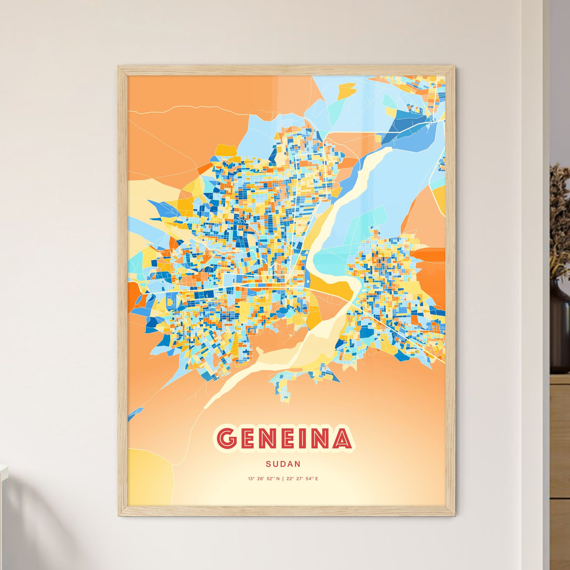 Colorful GENEINA SUDAN Fine Art Map Blue Orange