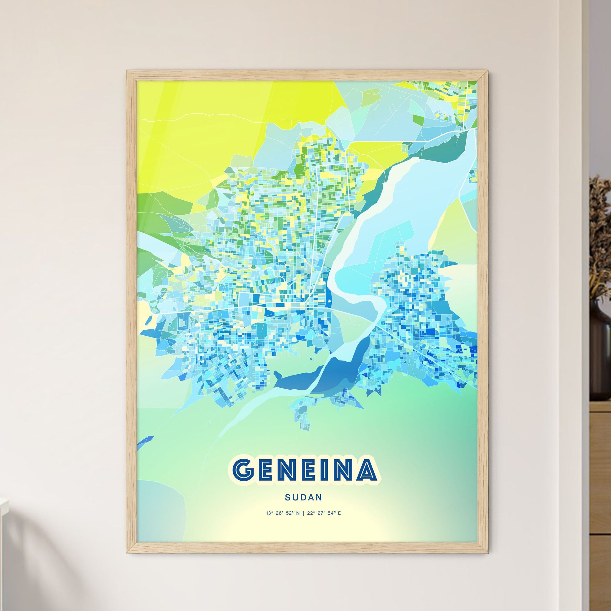 Colorful GENEINA SUDAN Fine Art Map Cool Blue