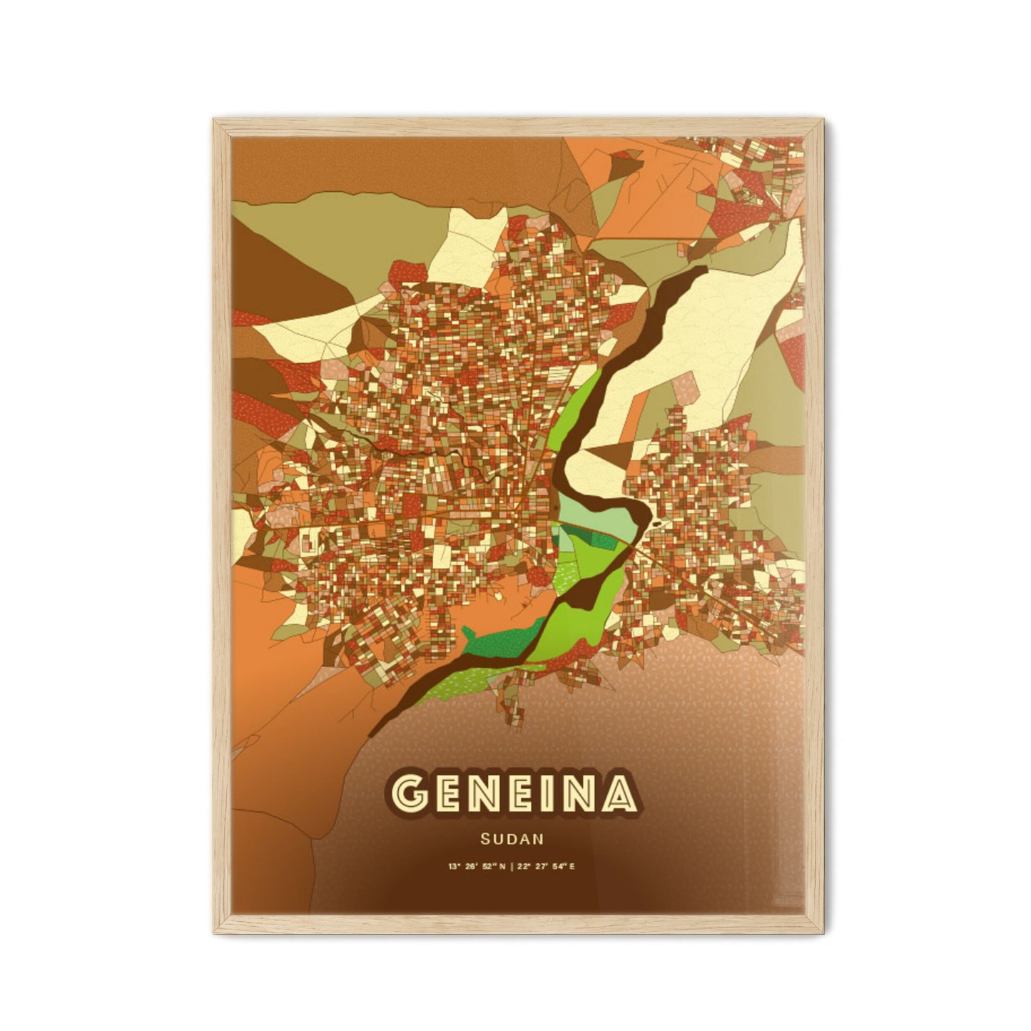 Colorful GENEINA SUDAN Fine Art Map Farmhouse