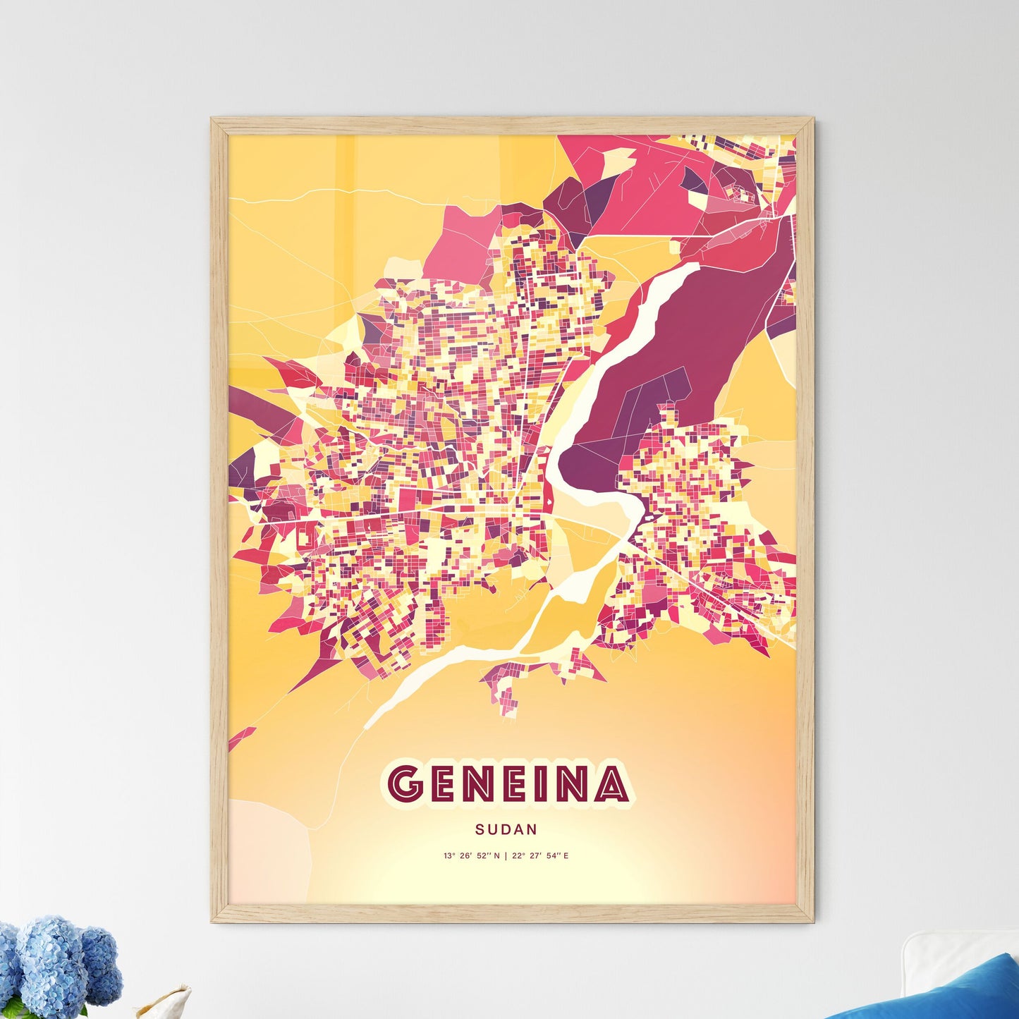 Colorful GENEINA SUDAN Fine Art Map Hot Red